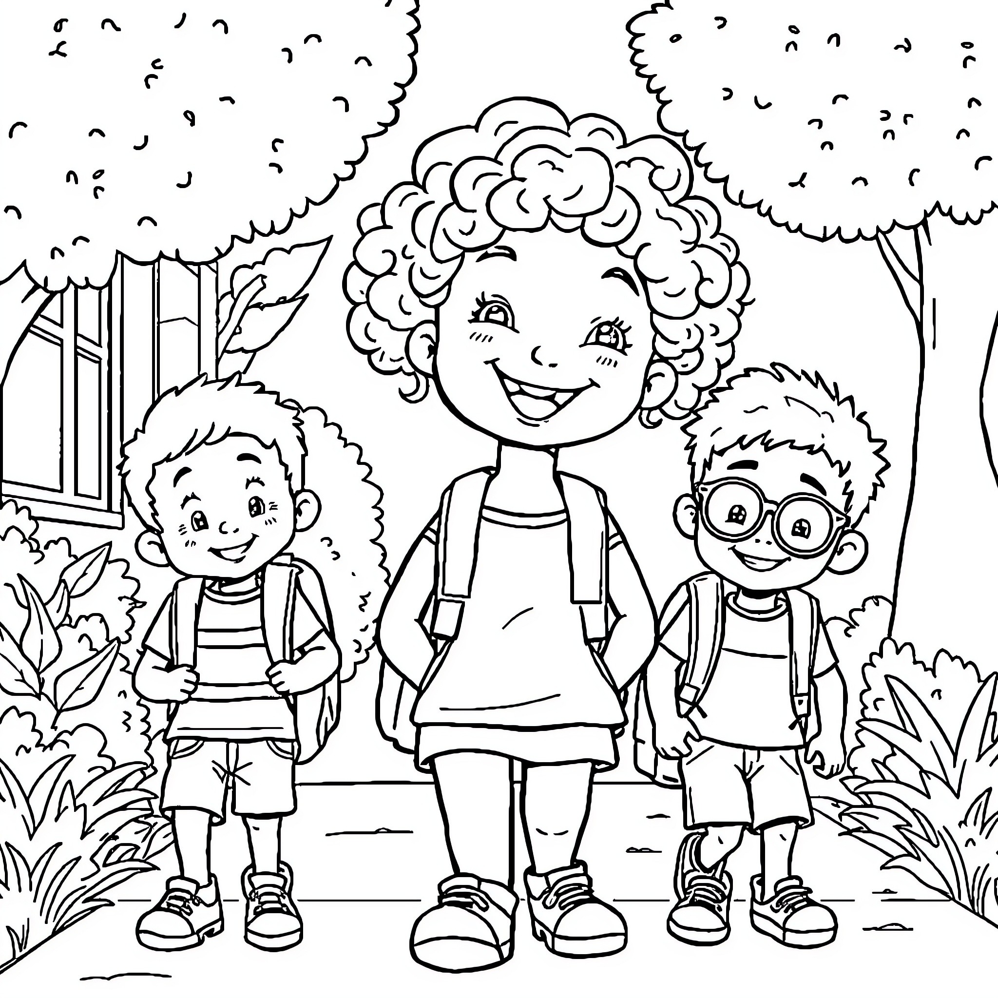 Kindergartners enjoying the outdoors on a sunny day Coloring Page (free black-and-white line drawing printable PDF for all, from beginners to advanced learners, including children, teens, adults, and seniors)