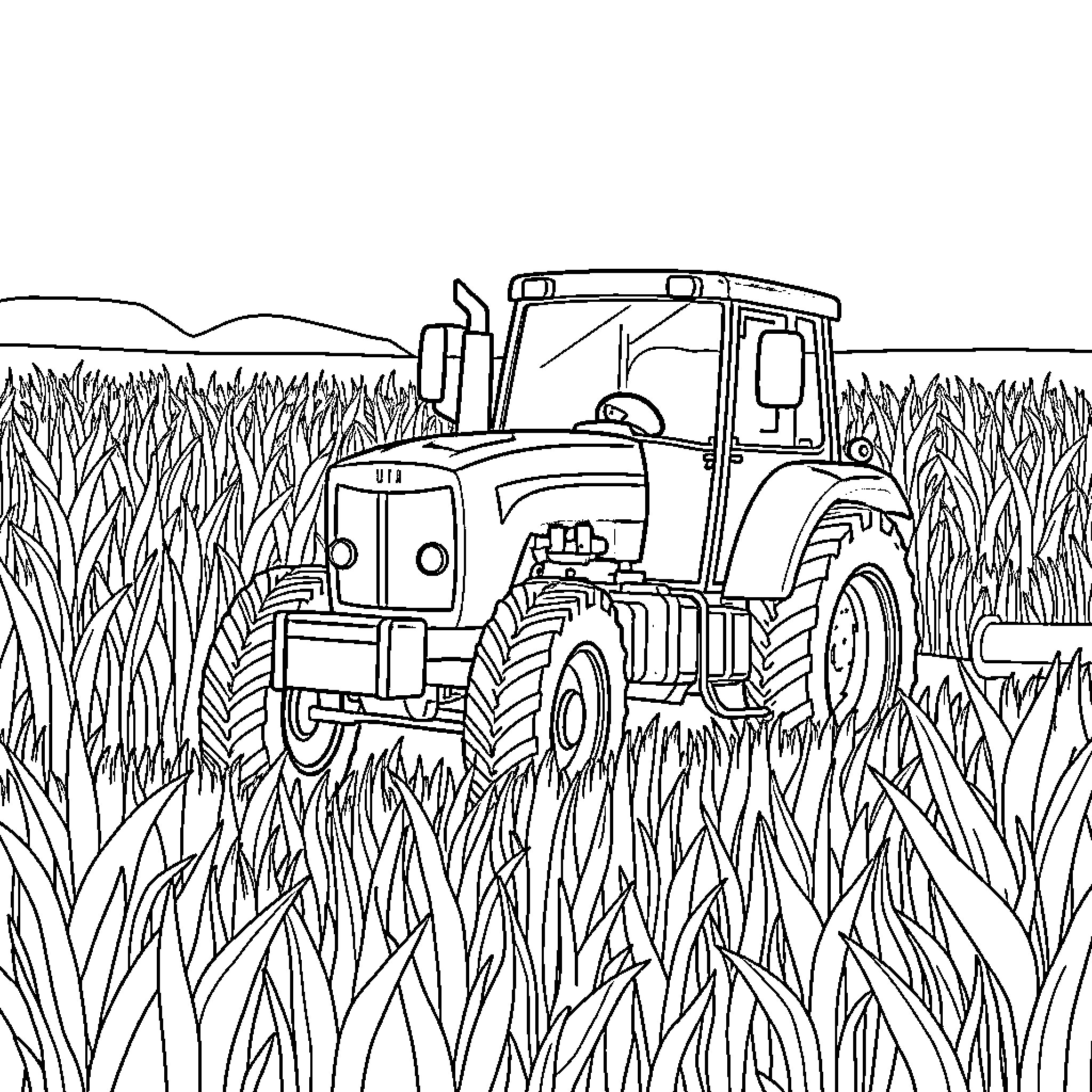 Tractor working diligently in the fields Coloring Page (free black-and-white line drawing printable PDF for all, from beginners to advanced learners, including children, teens, adults, and seniors)