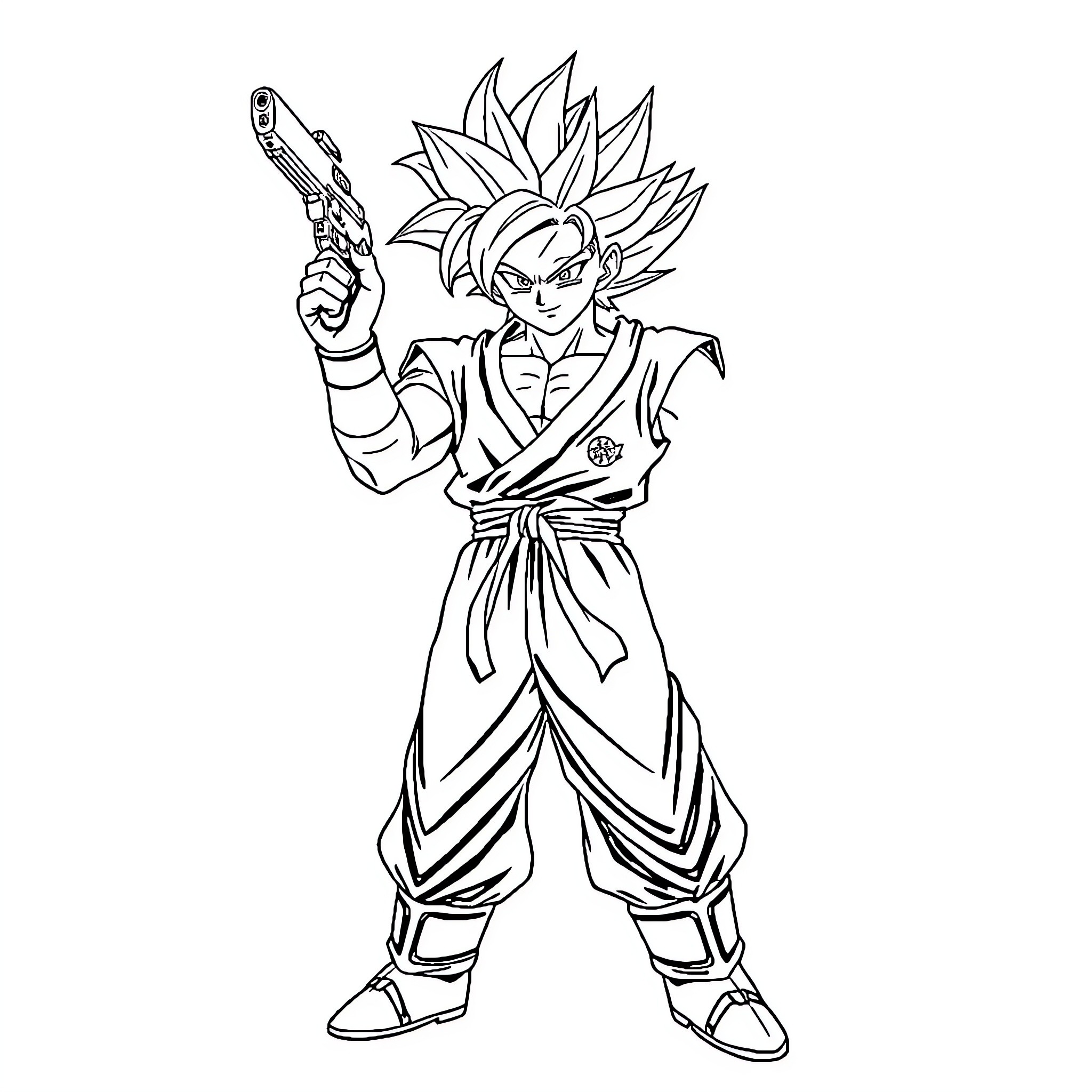 Goku in Battle Pose with Weapon Coloring Page (free black-and-white line drawing printable PDF for all, from beginners to advanced learners, including children, teens, adults, and seniors)