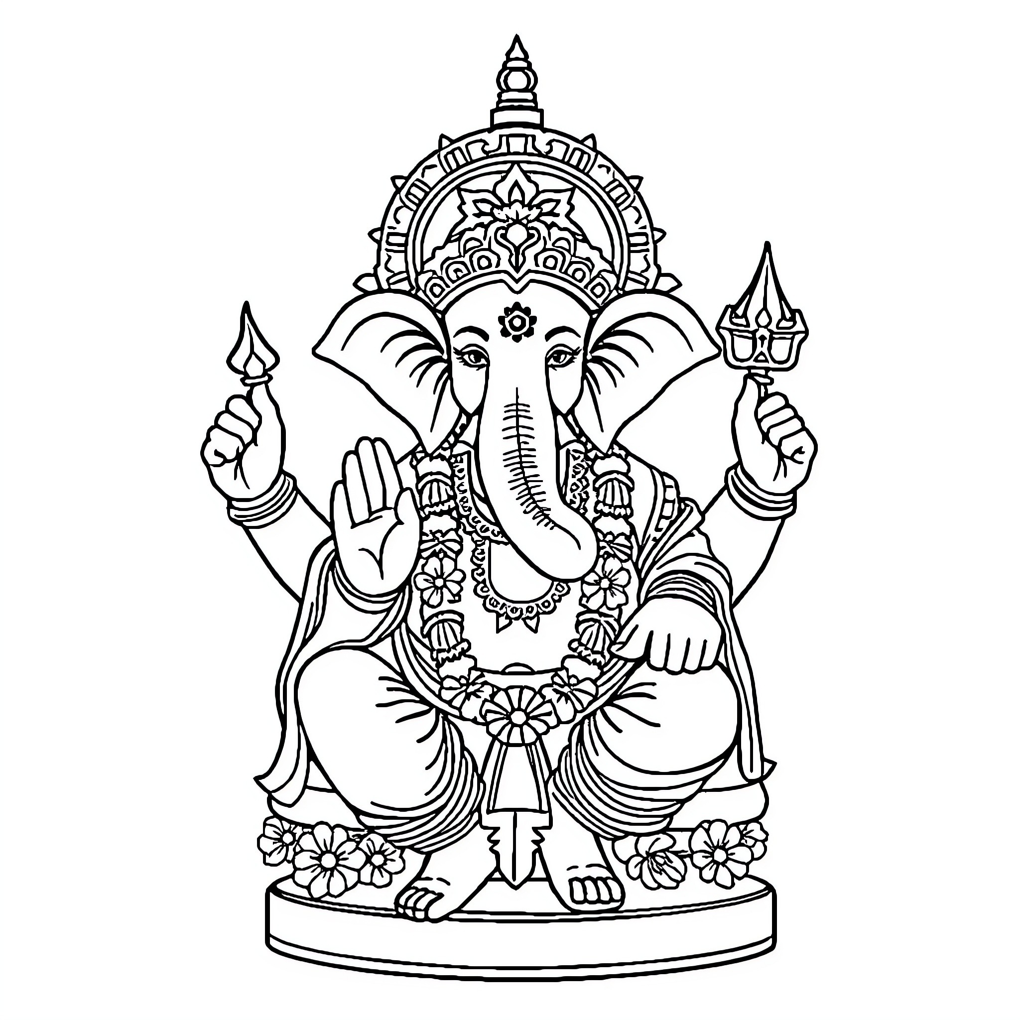 Ganpati deity in ornate ceremonial attire Coloring Page (free black-and-white line drawing printable PDF for all, from beginners to advanced learners, including children, teens, adults, and seniors)