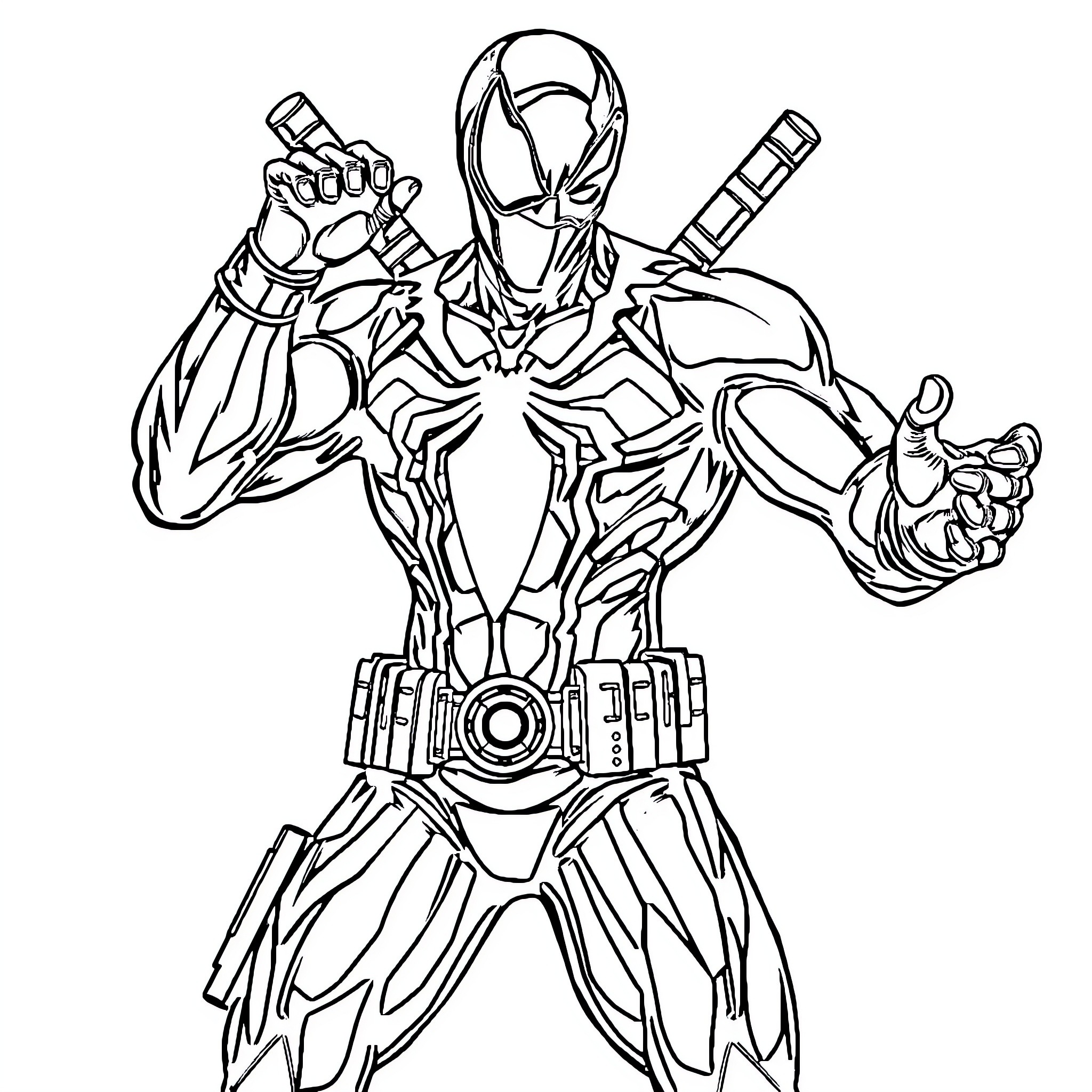 Deadpool in action-packed superhero pose Coloring Page (free black-and-white line drawing printable PDF for all, from beginners to advanced learners, including children, teens, adults, and seniors)