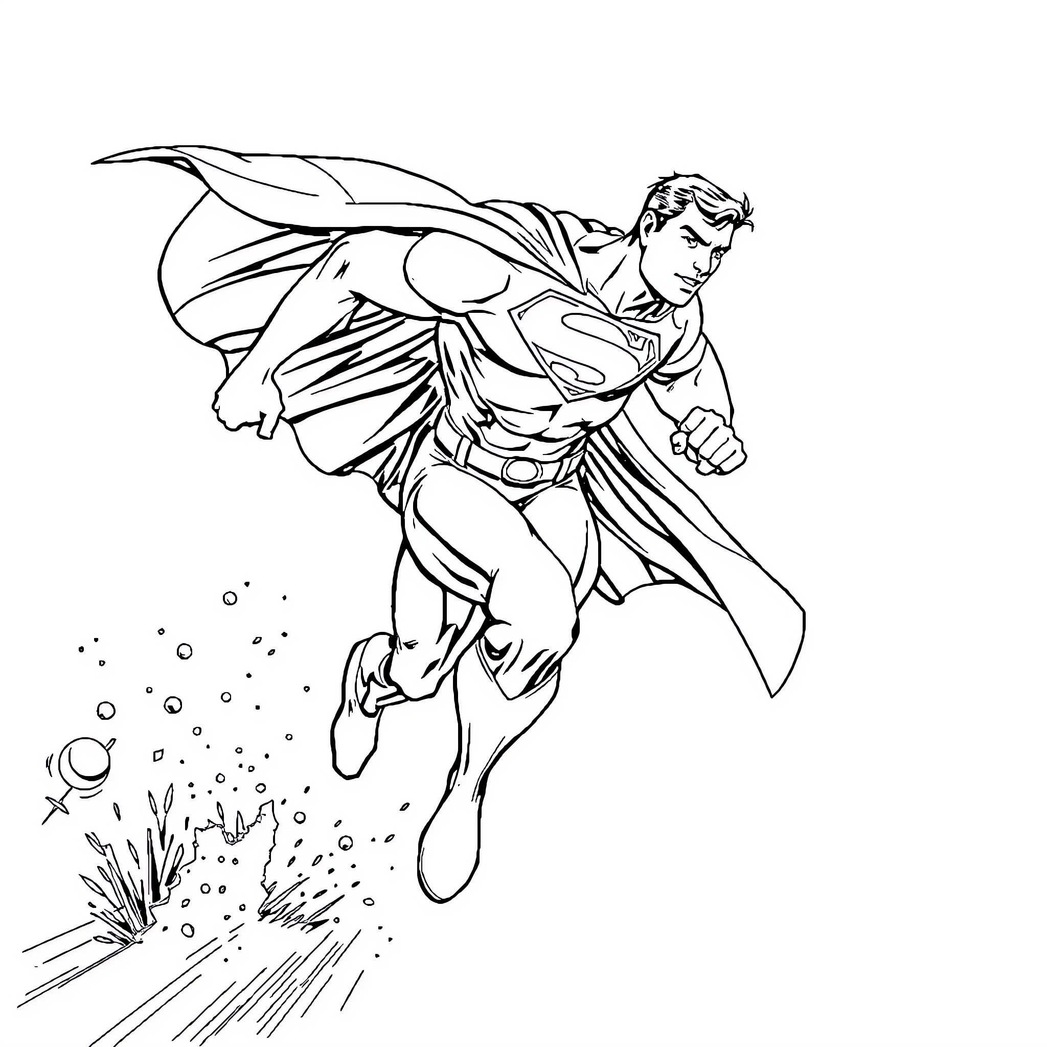 Superman taking flight in heroic pose Coloring Page (free black-and-white line drawing printable PDF for all, from beginners to advanced learners, including children, teens, adults, and seniors)
