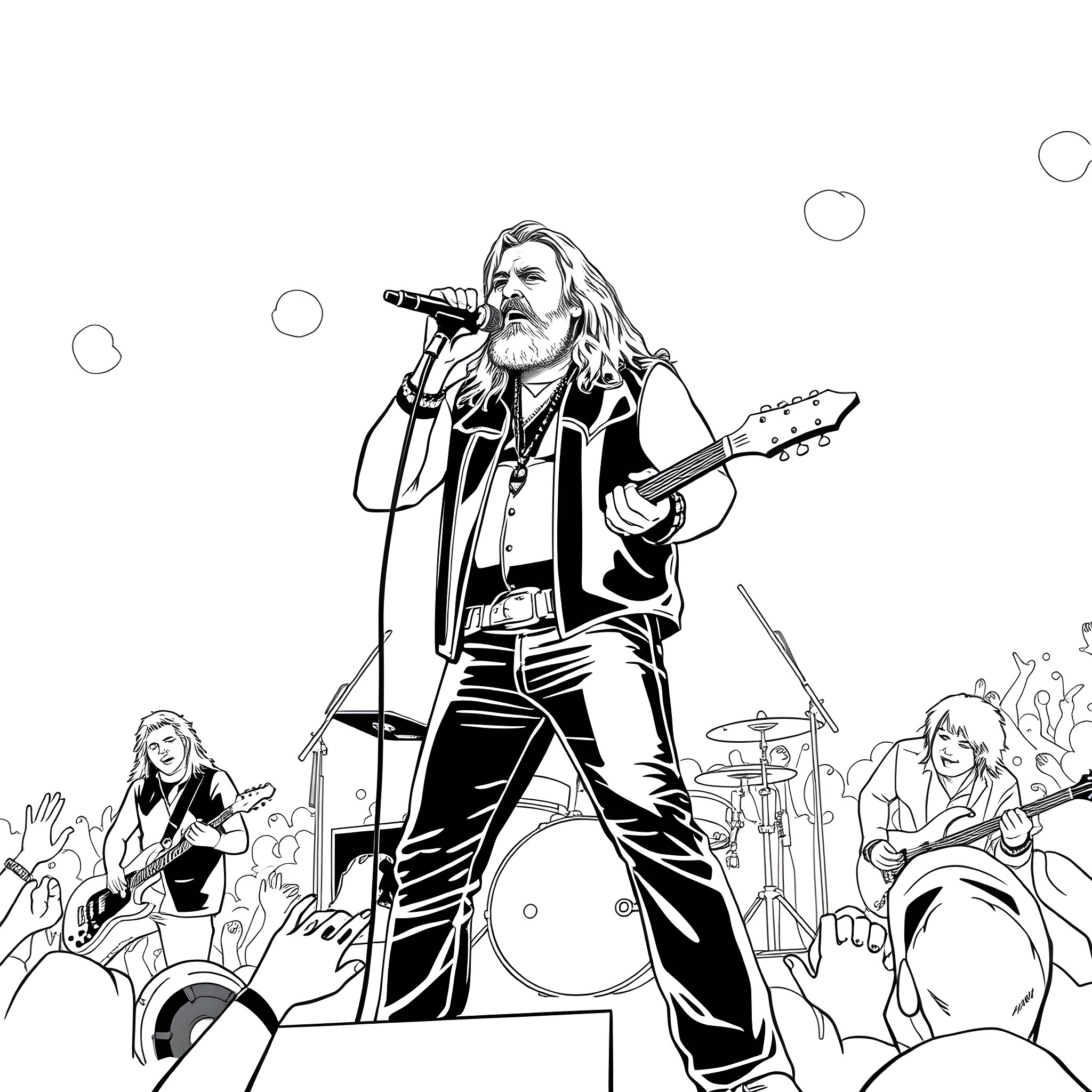 Ronnie Van Zant commanding the stage with his music Coloring Page (free black-and-white line drawing printable PDF for all, from beginners to advanced learners, including children, teens, adults, and seniors)