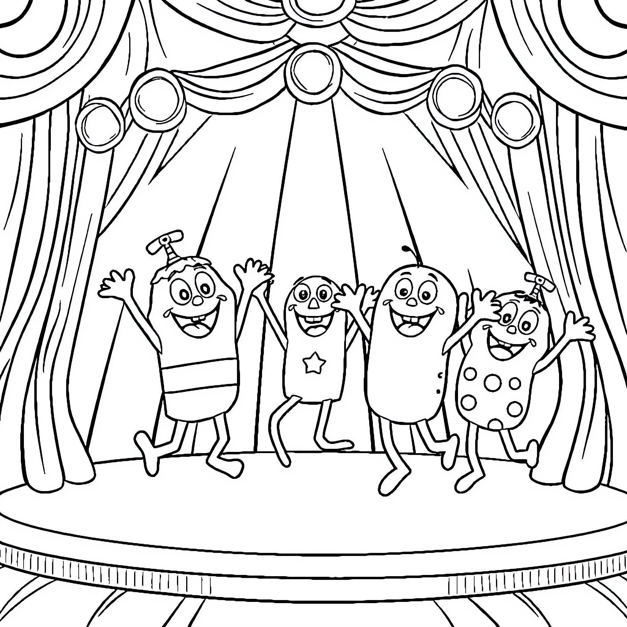 Gabby and Friends Performing on Stage Coloring Page (free black-and-white line drawing printable PDF for all, from beginners to advanced learners, including children, teens, adults, and seniors)