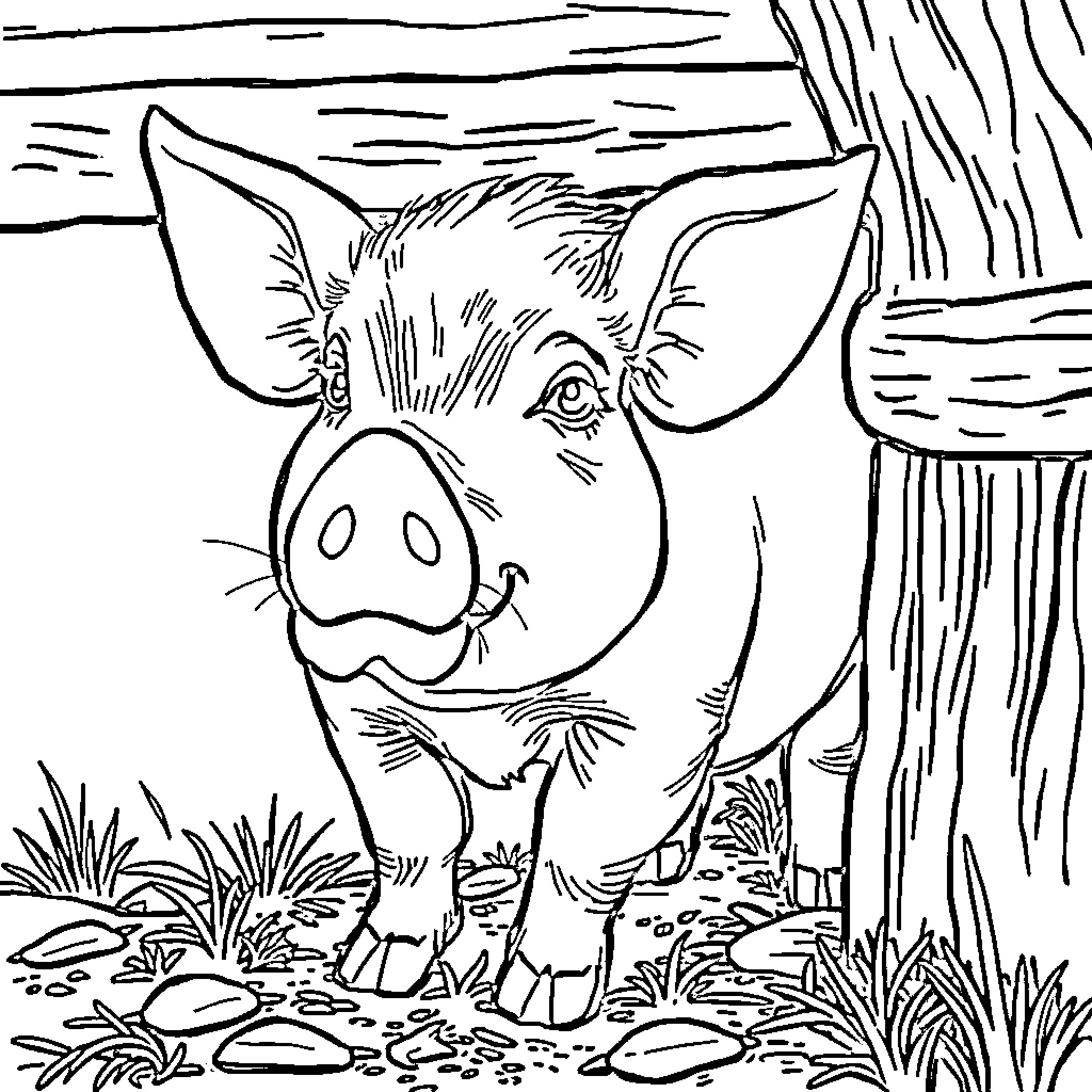 Cochon playful piglet exploring outdoors Coloring Page (free black-and-white line drawing printable PDF for all, from beginners to advanced learners, including children, teens, adults, and seniors)