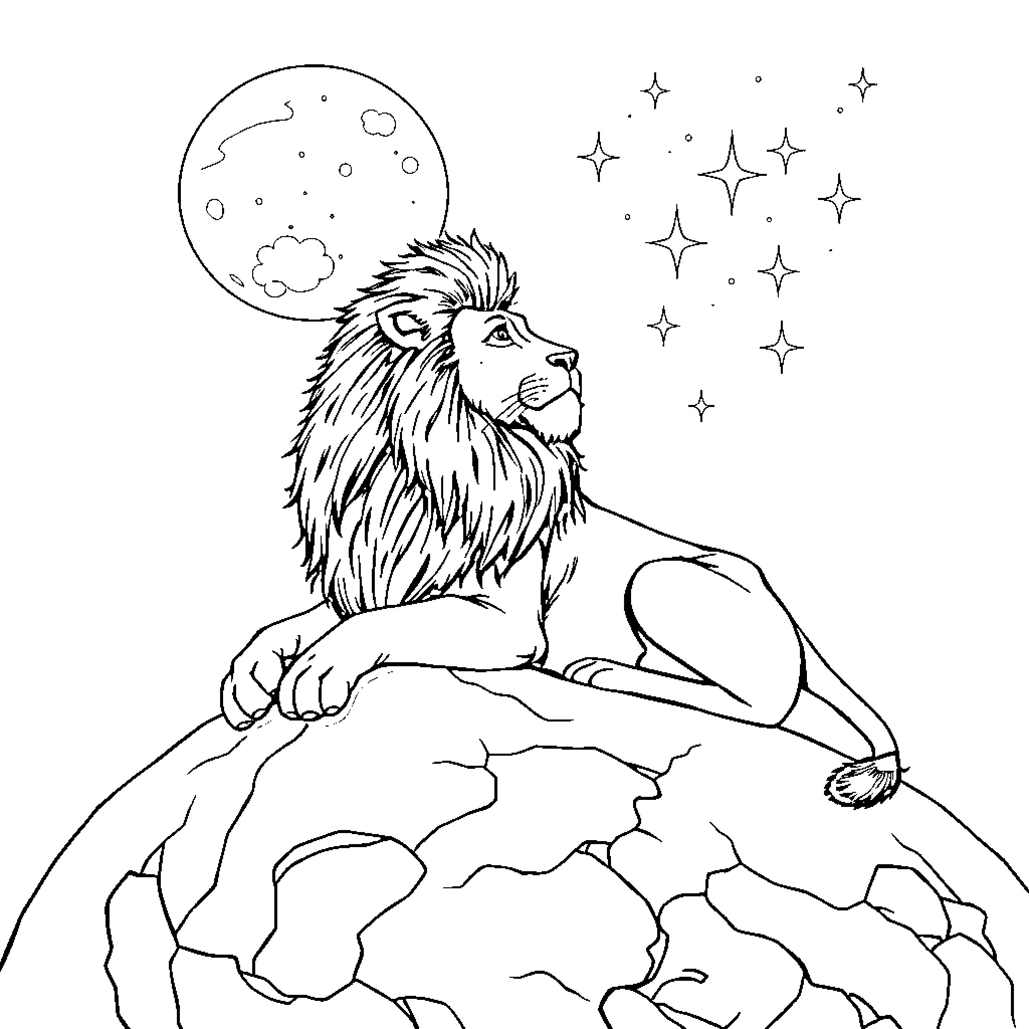 Lion gazing at the starry night sky Coloring Page (free black-and-white line drawing printable PDF for all, from beginners to advanced learners, including children, teens, adults, and seniors)