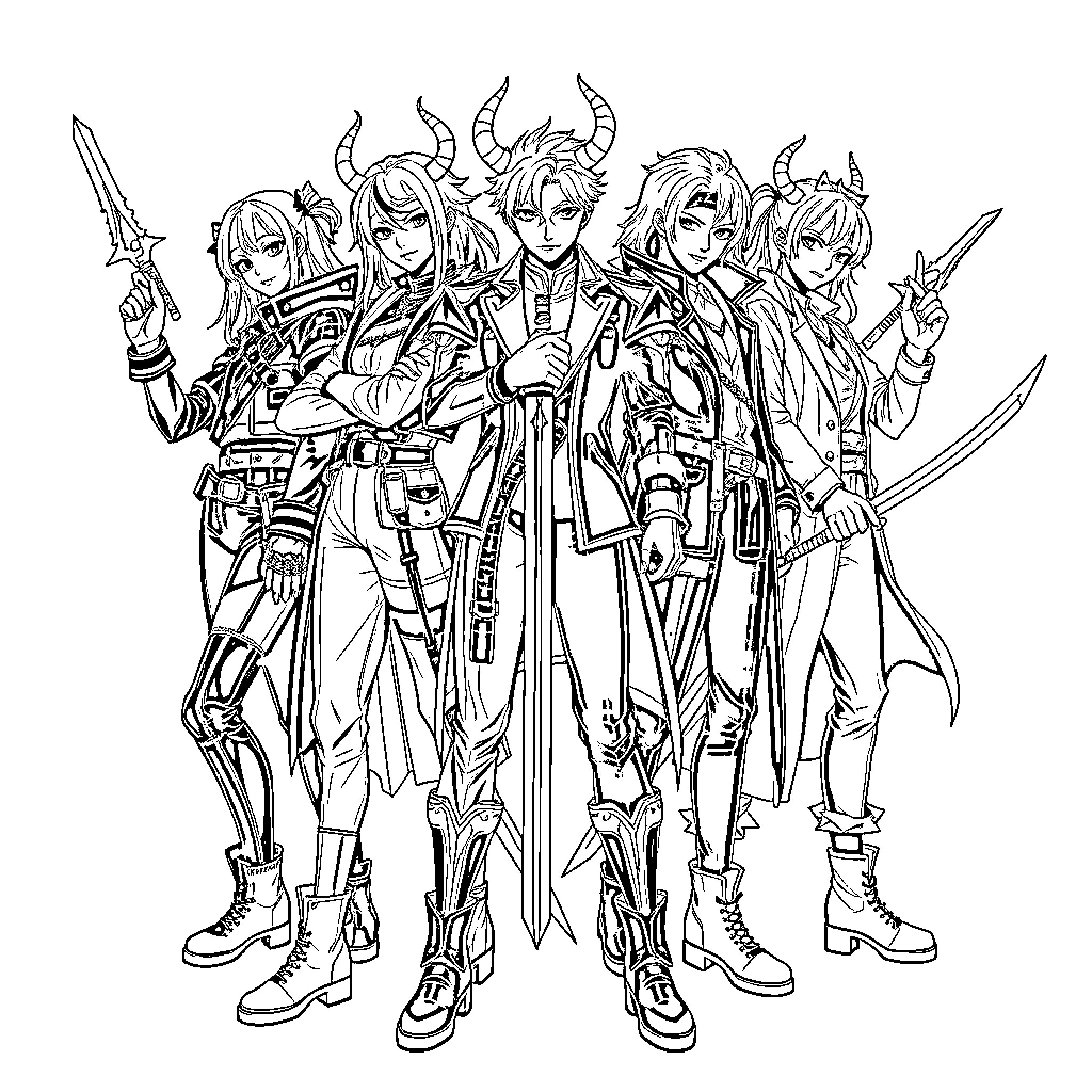 HUNTR/X Group Poses Holding Weapons Coloring Page (free black-and-white line drawing printable PDF for all, from beginners to advanced learners, including children, teens, adults, and seniors)