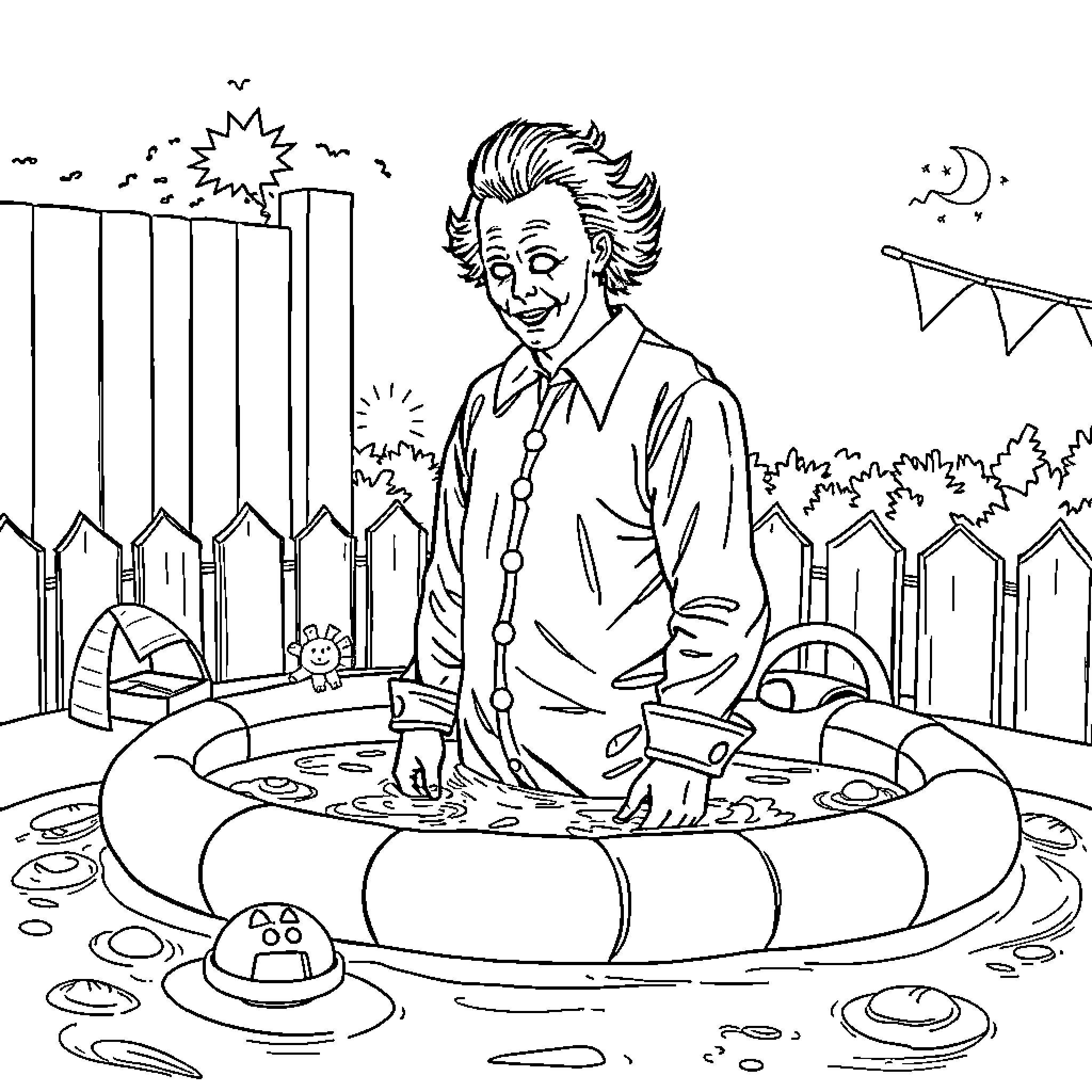 Michael Myers relaxing in a festive neighborhood Coloring Page (free black-and-white line drawing printable PDF for all, from beginners to advanced learners, including children, teens, adults, and seniors)