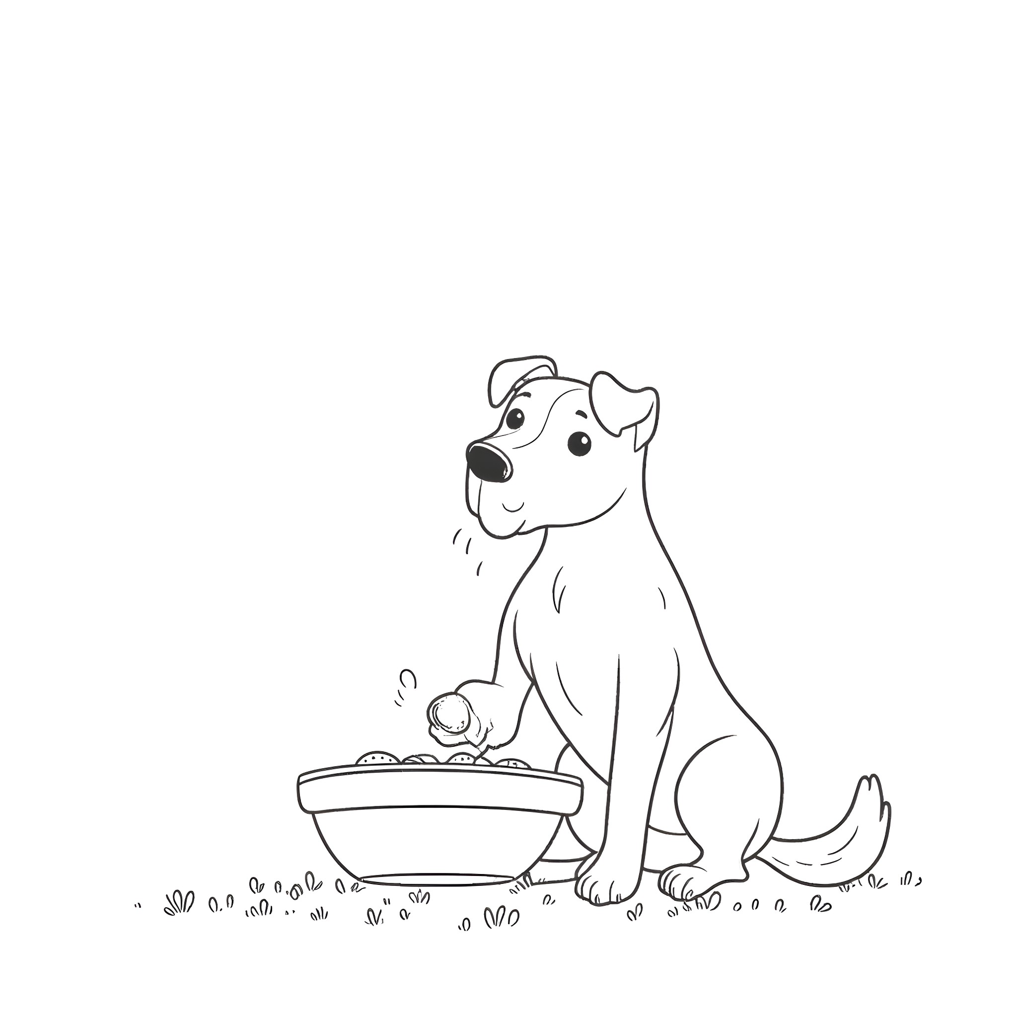 Dog eating from bowl on the floor Coloring Page (free black-and-white line drawing printable PDF for all, from beginners to advanced learners, including children, teens, adults, and seniors)