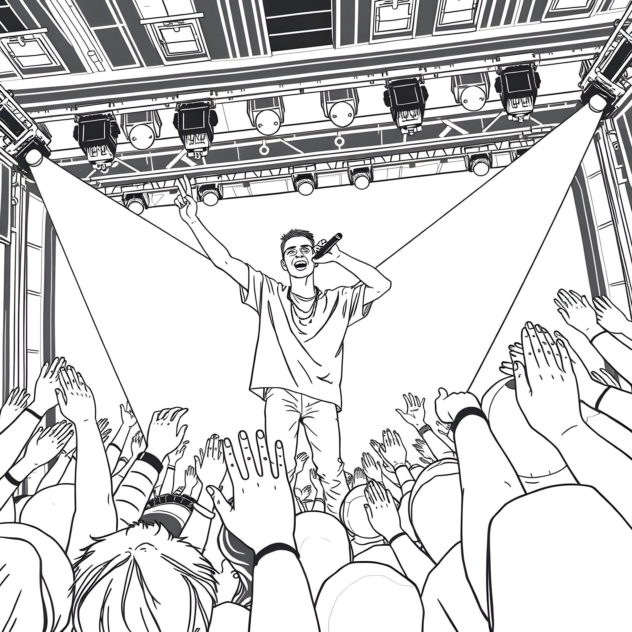 Justin Bieber performs on stage with excited crowd Coloring Page (free black-and-white line drawing printable PDF for all, from beginners to advanced learners, including children, teens, adults, and seniors)