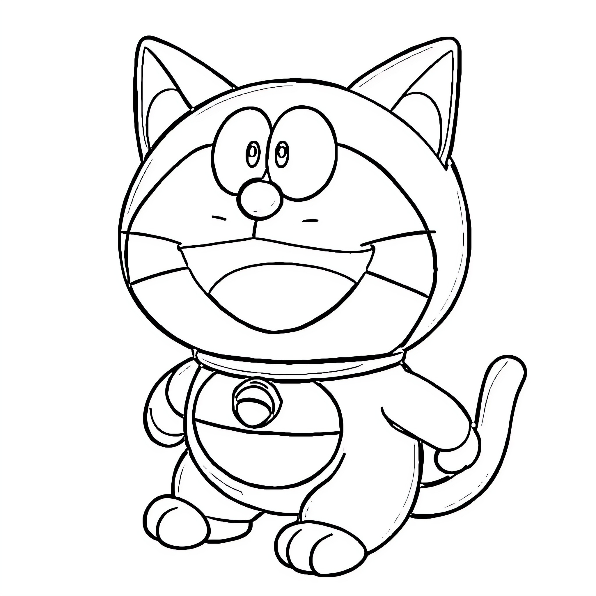 Doraemon smiling and sitting contentedly Coloring Page (free black-and-white line drawing printable PDF for all, from beginners to advanced learners, including children, teens, adults, and seniors)