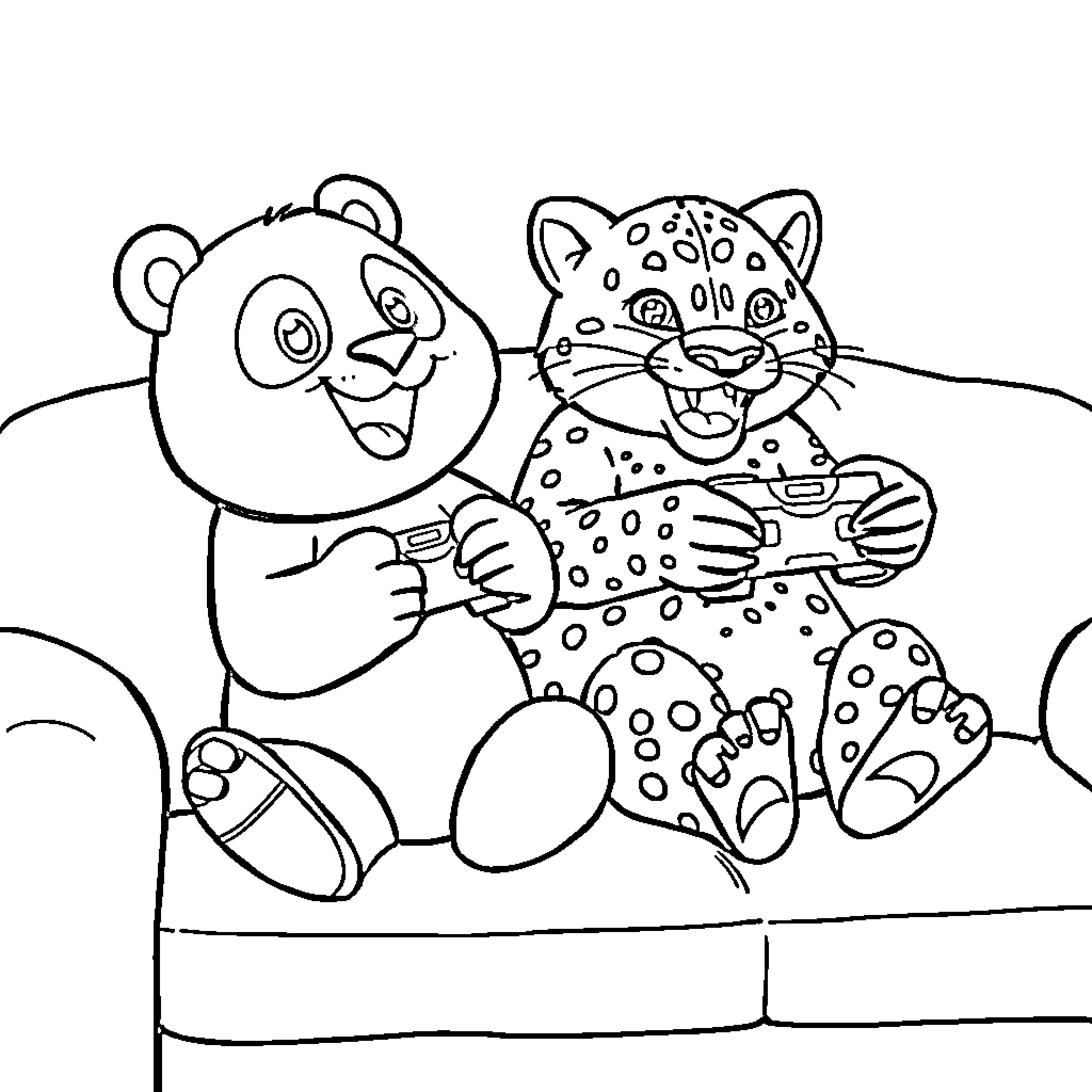 Panda and leopard playing together happily Coloring Page (free black-and-white line drawing printable PDF for all, from beginners to advanced learners, including children, teens, adults, and seniors)