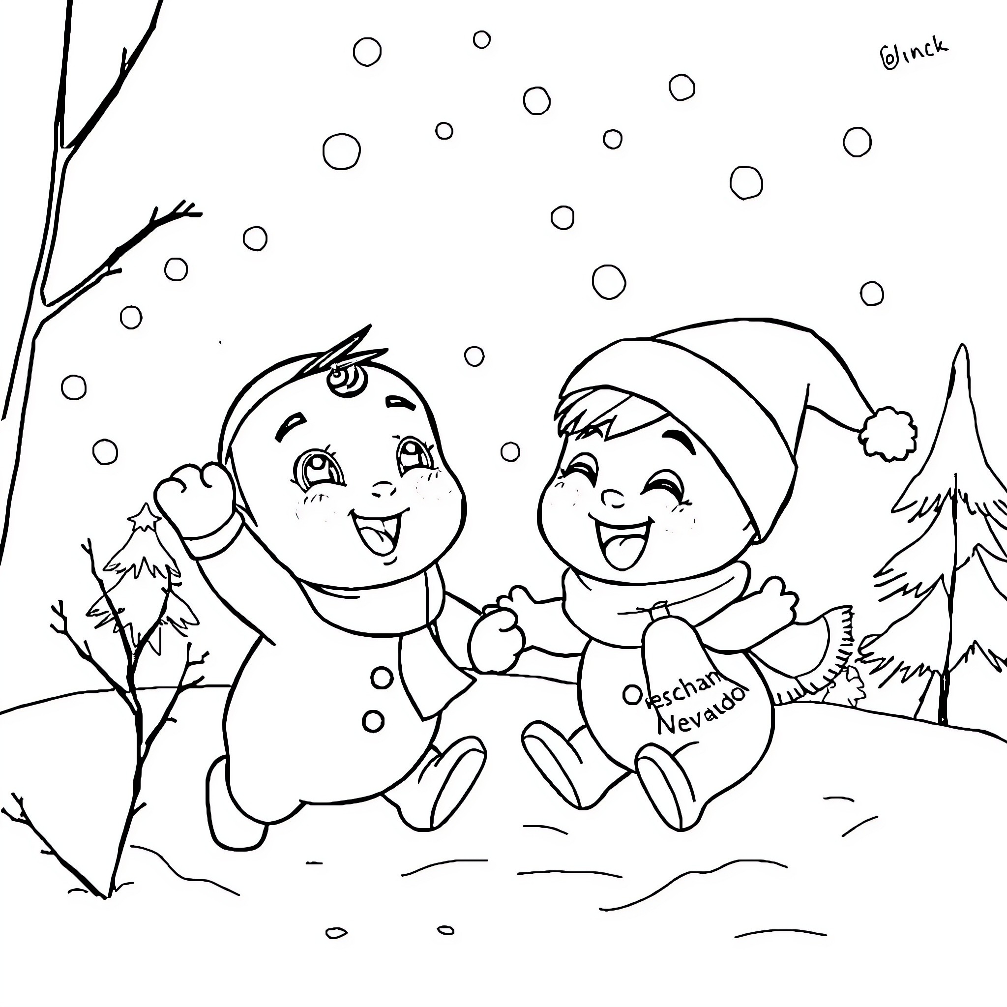 Sin Chan playing in the snowy winter wonderland Coloring Page (free black-and-white line drawing printable PDF for all, from beginners to advanced learners, including children, teens, adults, and seniors)