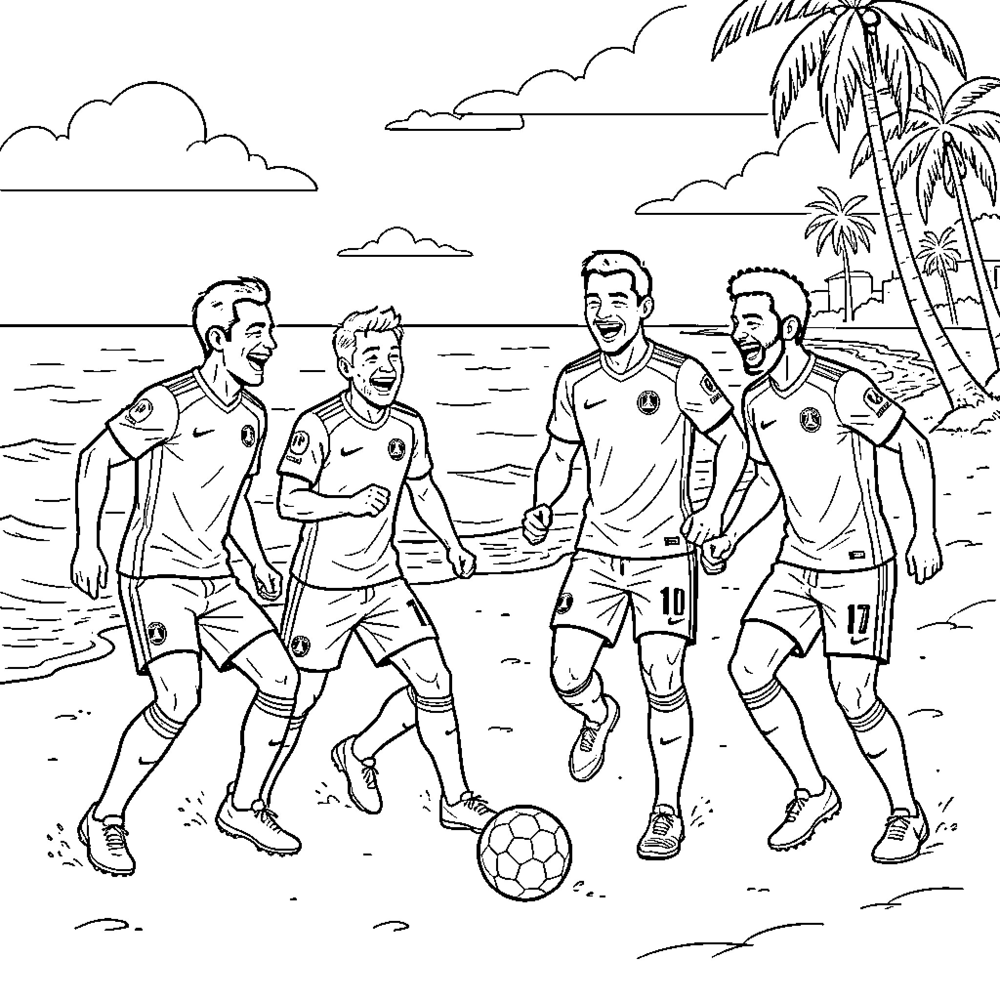 PSG football players celebrating a game on the beach Coloring Page (free black-and-white line drawing printable PDF for all, from beginners to advanced learners, including children, teens, adults, and seniors)