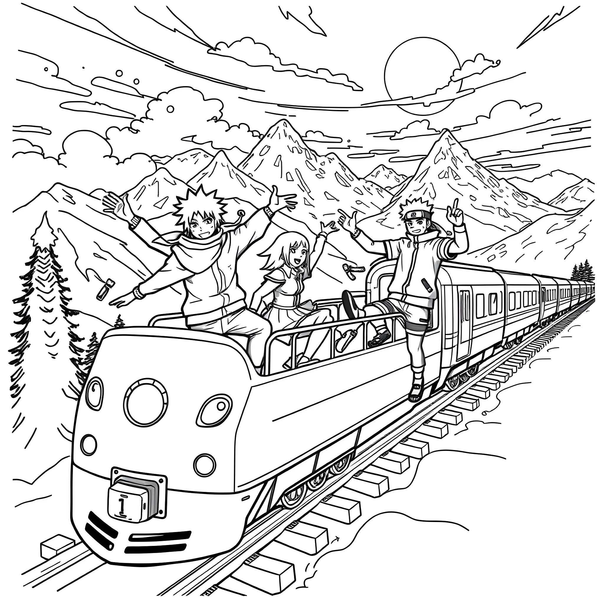Naruto characters on a thrilling train adventure Coloring Page (free black-and-white line drawing printable PDF for all, from beginners to advanced learners, including children, teens, adults, and seniors)