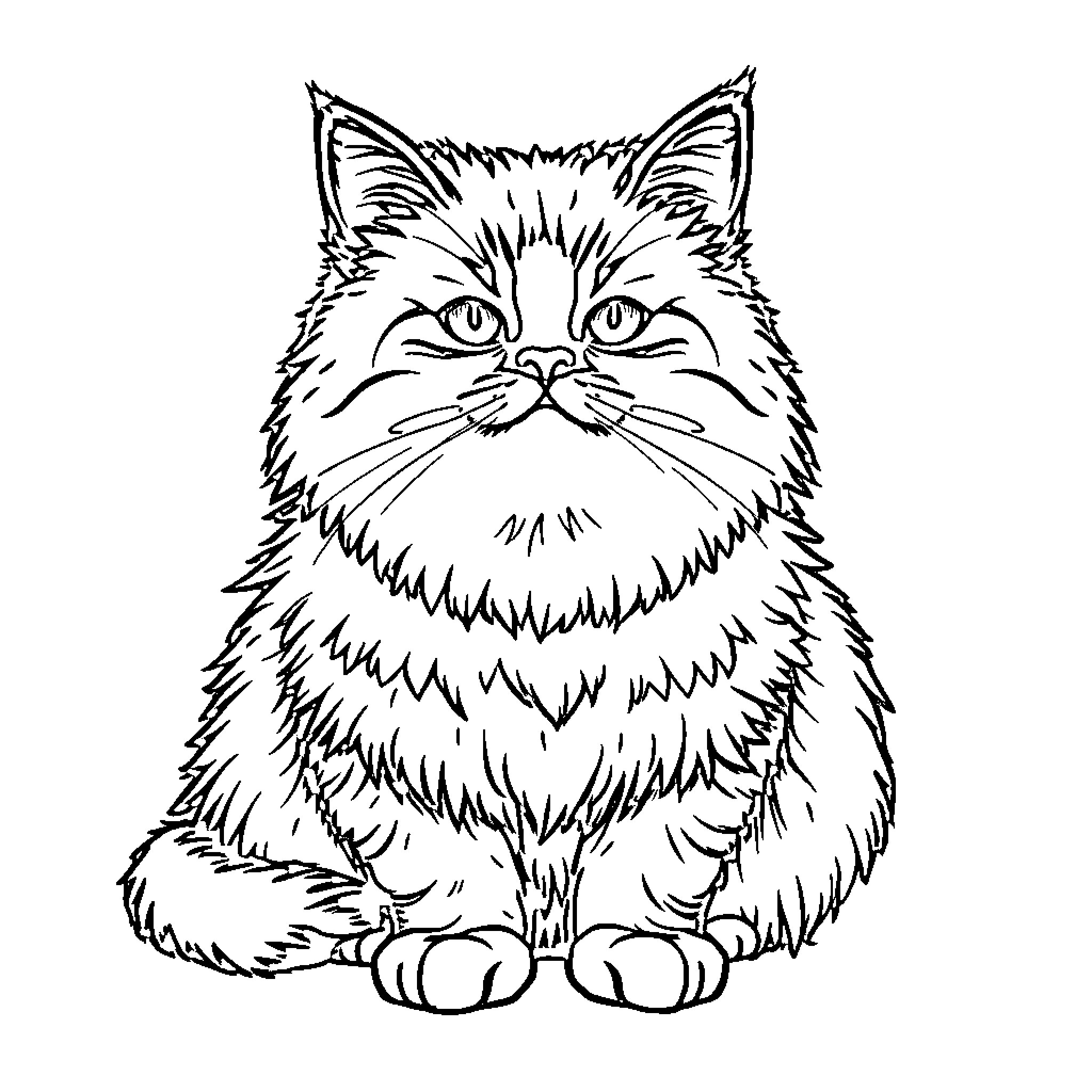 Cat with a fluffy appearance Coloring Page (free black-and-white line drawing printable PDF for all, from beginners to advanced learners, including children, teens, adults, and seniors)