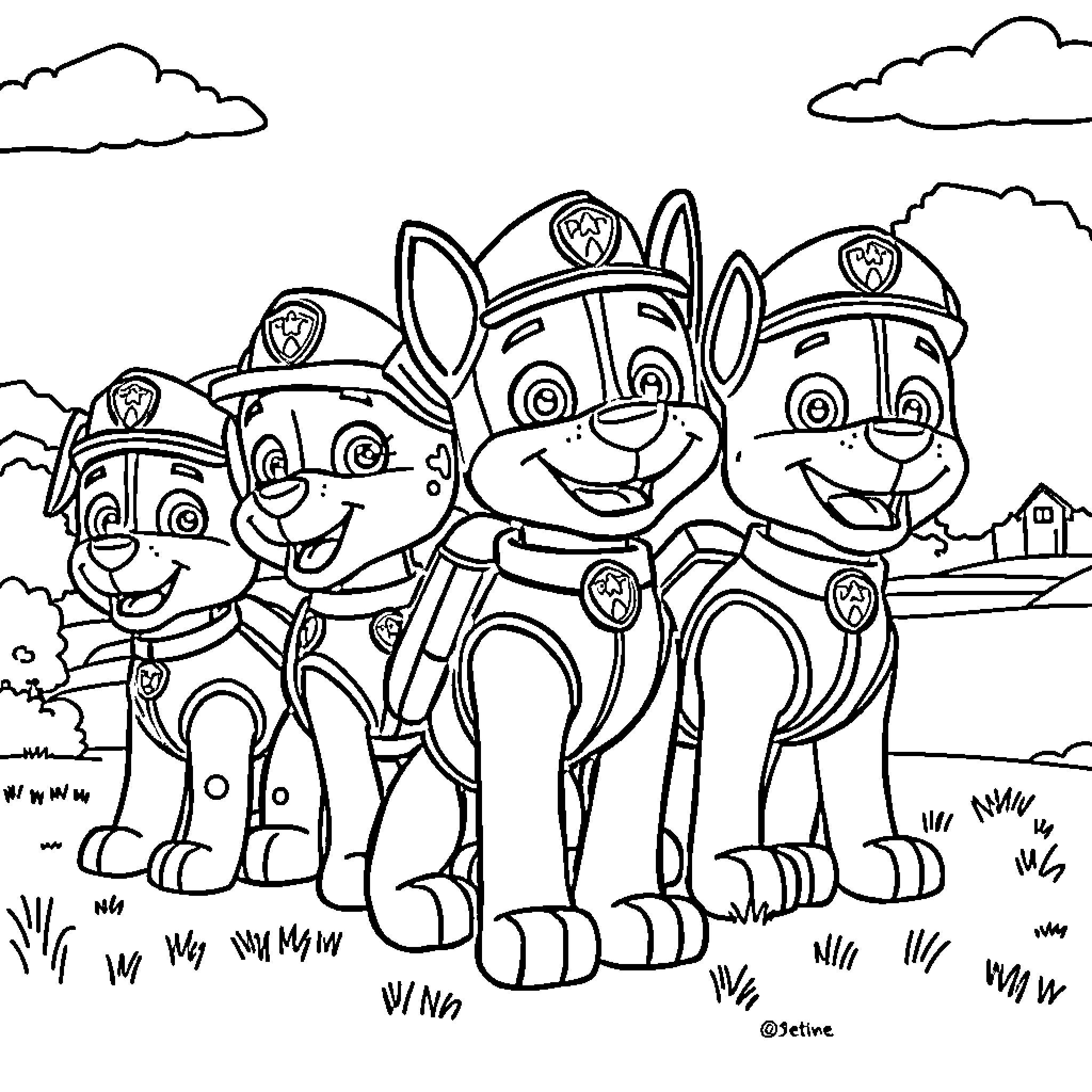Paw Patrol pups in action on an adventure Coloring Page (free black-and-white line drawing printable PDF for all, from beginners to advanced learners, including children, teens, adults, and seniors)