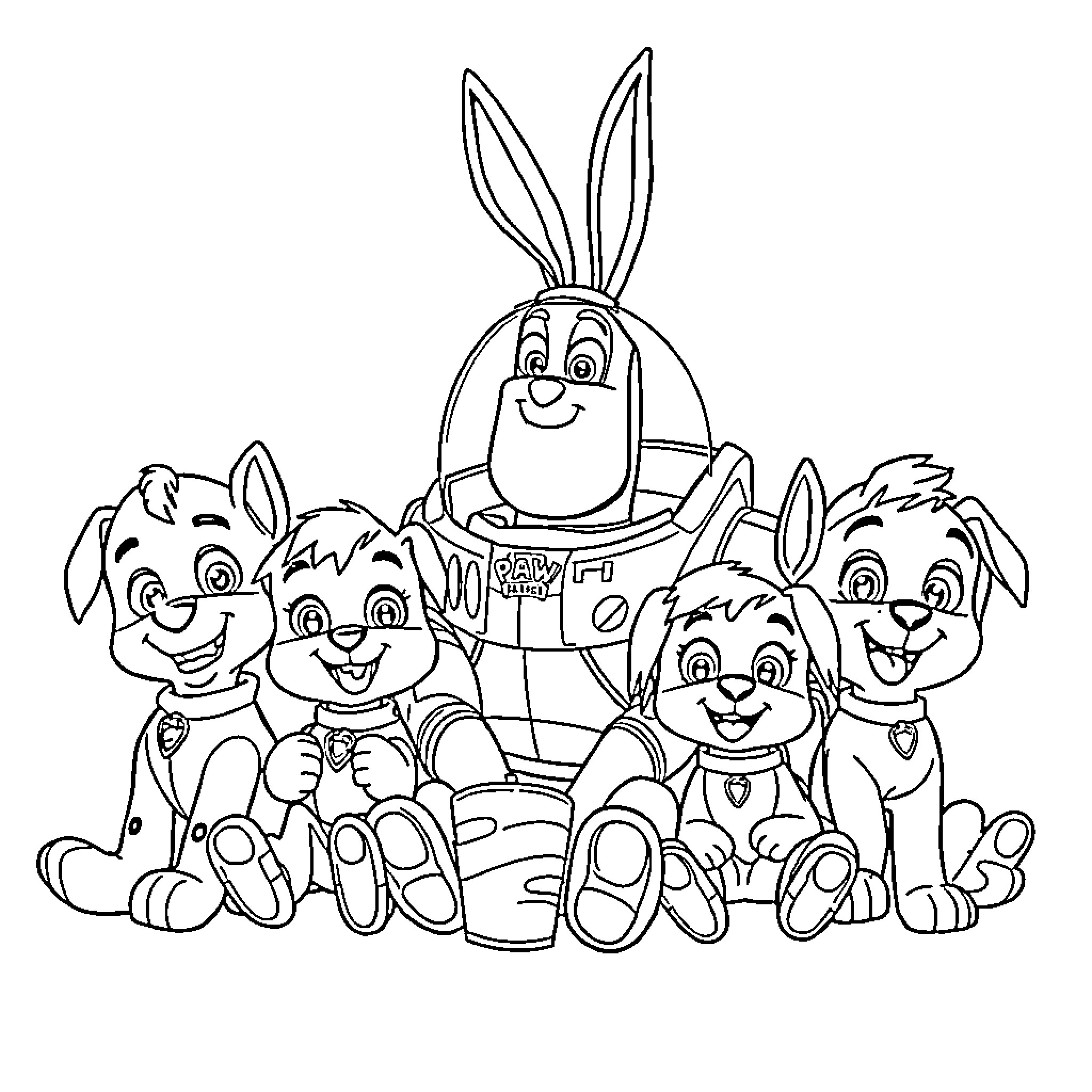 Paw Patrol Puppies Celebrating Together Coloring Page (free black-and-white line drawing printable PDF for all, from beginners to advanced learners, including children, teens, adults, and seniors)
