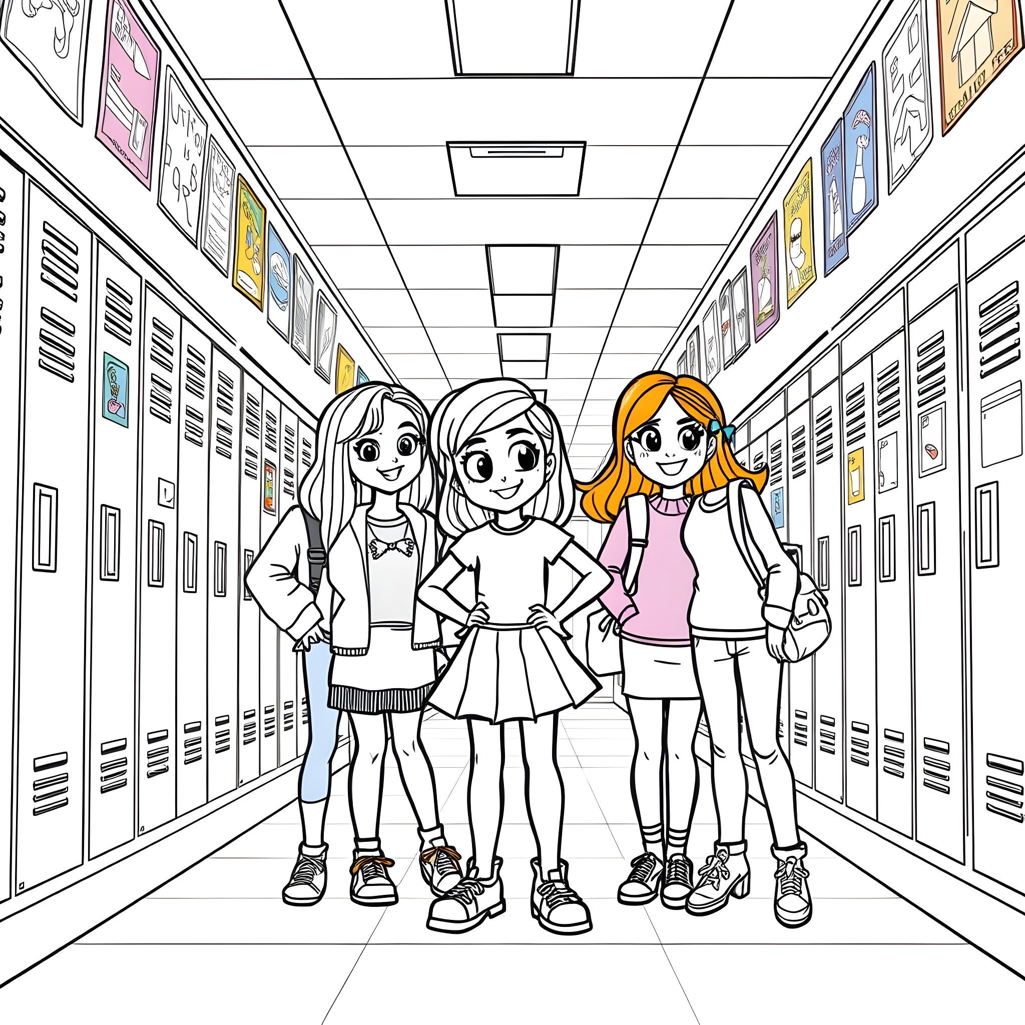 Lizzie Maguire and her friends in the school hallway Coloring Page (free black-and-white line drawing printable PDF for all, from beginners to advanced learners, including children, teens, adults, and seniors)