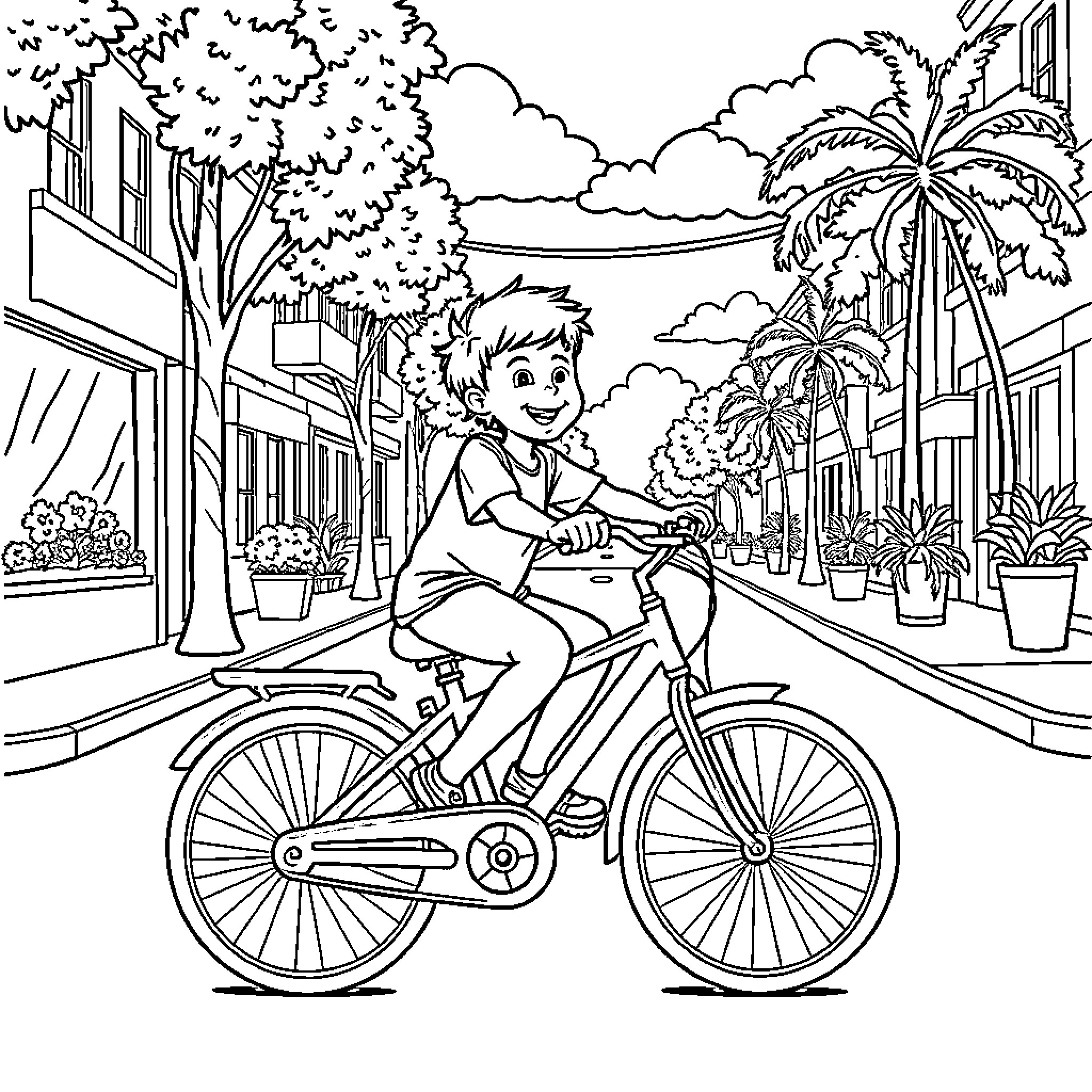 Boy riding bicycle through tropical street Coloring Page (free black-and-white line drawing printable PDF for all, from beginners to advanced learners, including children, teens, adults, and seniors)