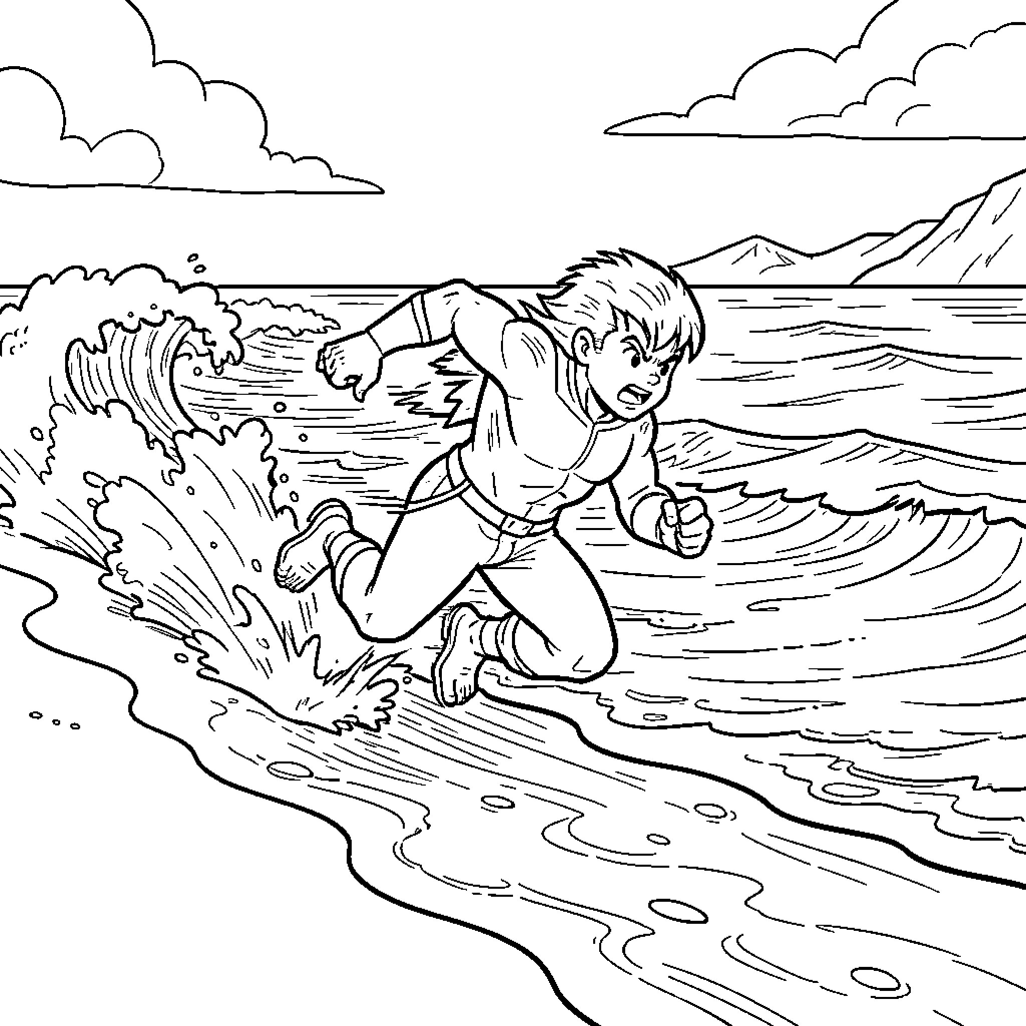 Jackson Storm running intensely through ocean waves Coloring Page (free black-and-white line drawing printable PDF for all, from beginners to advanced learners, including children, teens, adults, and seniors)