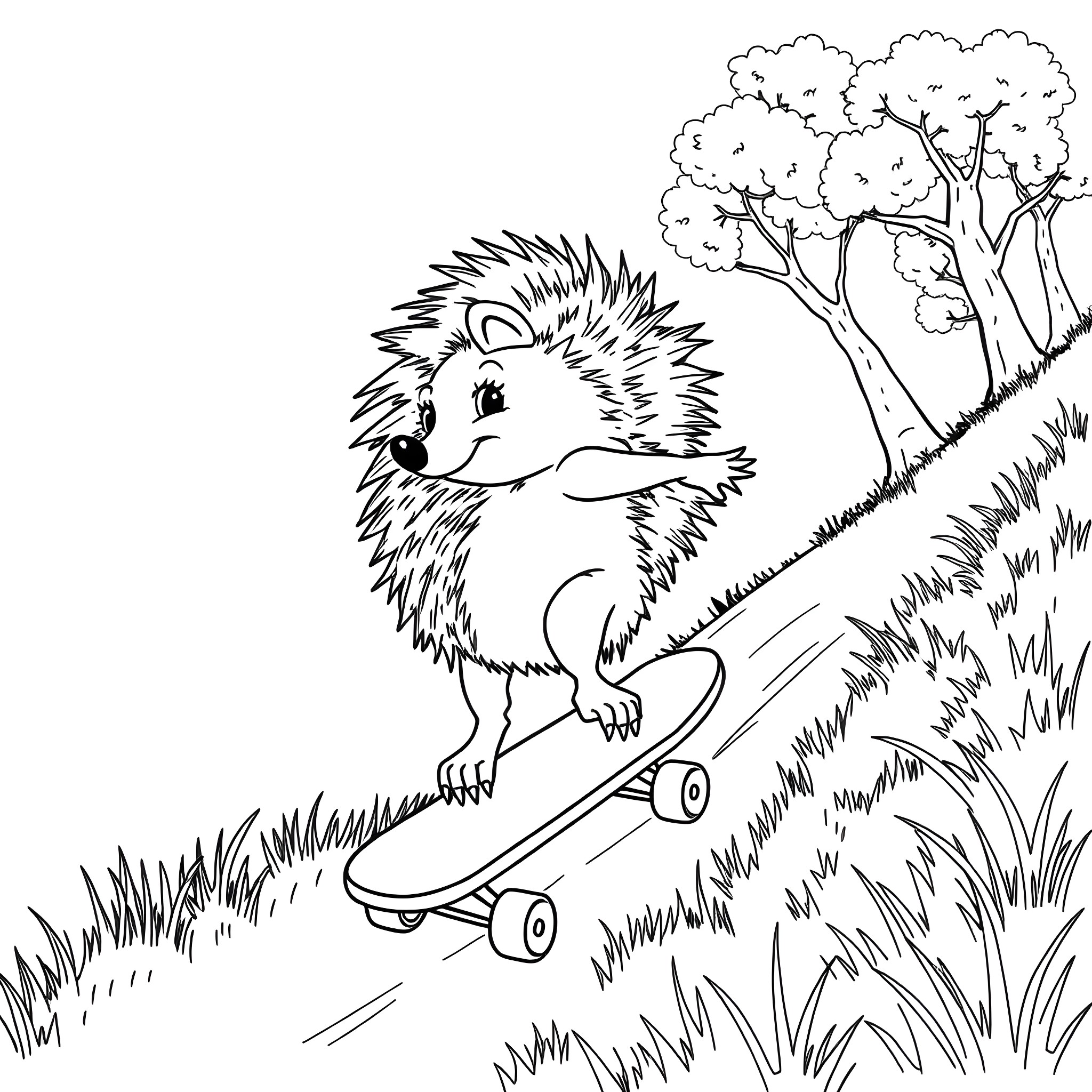 Hedgehog riding a skateboard in the park Coloring Page (free black-and-white line drawing printable PDF for all, from beginners to advanced learners, including children, teens, adults, and seniors)