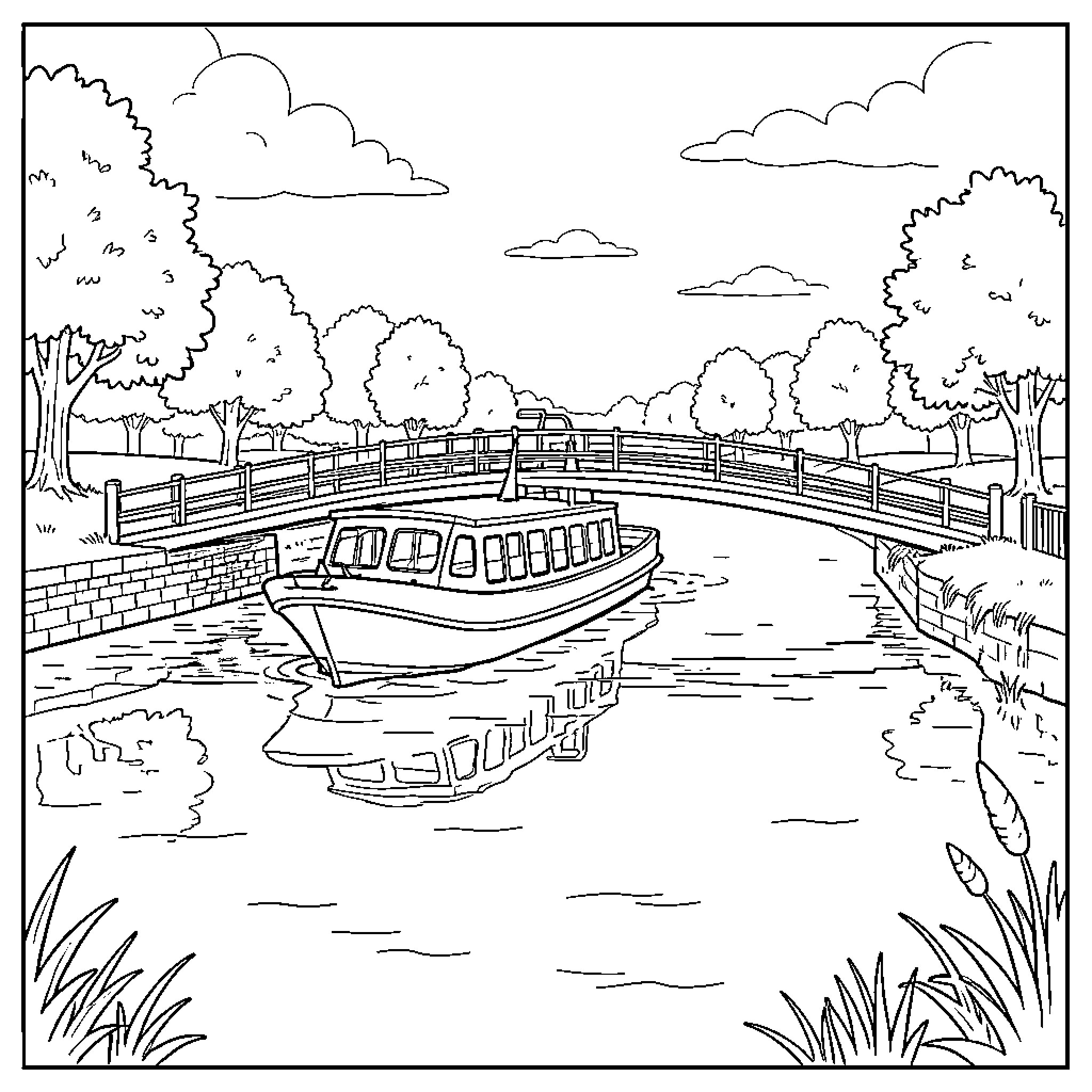 Bac de Couëron: Waterway Boat Transport Coloring Page (free black-and-white line drawing printable PDF for all, from beginners to advanced learners, including children, teens, adults, and seniors)