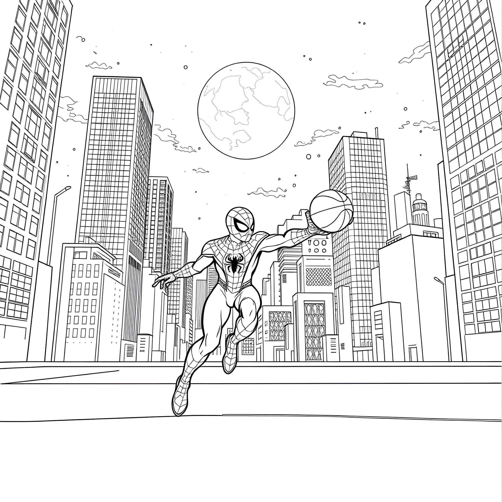 Spiderman swinging through the city streets Coloring Page (free black-and-white line drawing printable PDF for all, from beginners to advanced learners, including children, teens, adults, and seniors)