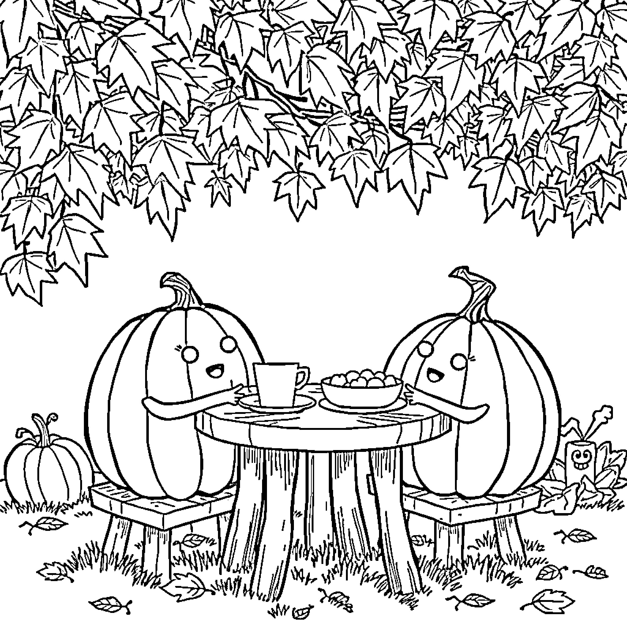 Pumpkin friends enjoying a cozy autumn picnic Coloring Page (free black-and-white line drawing printable PDF for all, from beginners to advanced learners, including children, teens, adults, and seniors)