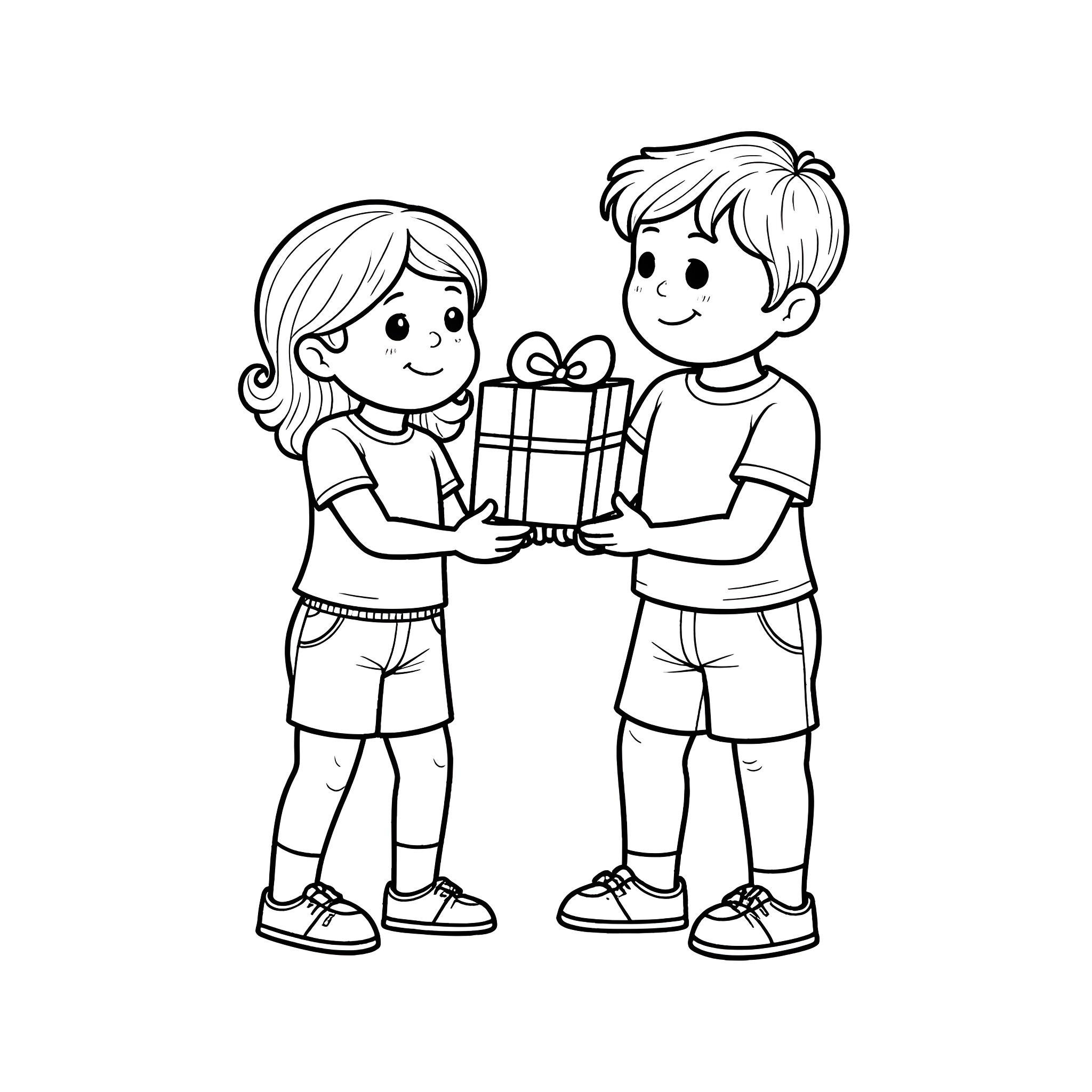 Father and child exchanging a gift Coloring Page (free black-and-white line drawing printable PDF for all, from beginners to advanced learners, including children, teens, adults, and seniors)