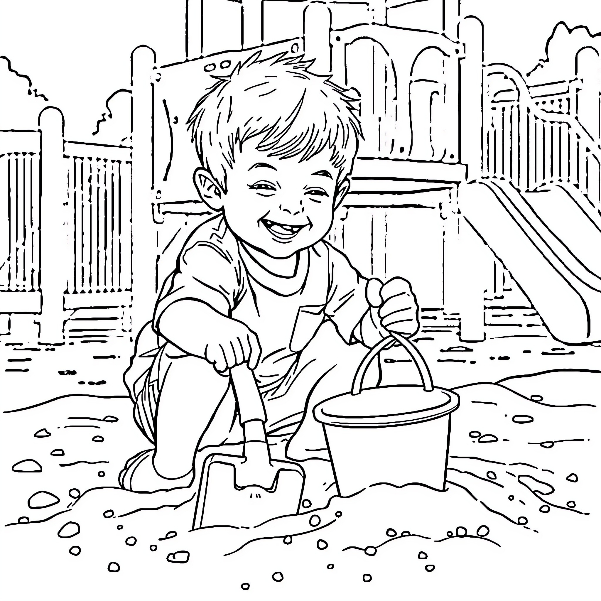Boy playing happily in the playground Coloring Page (free black-and-white line drawing printable PDF for all, from beginners to advanced learners, including children, teens, adults, and seniors)
