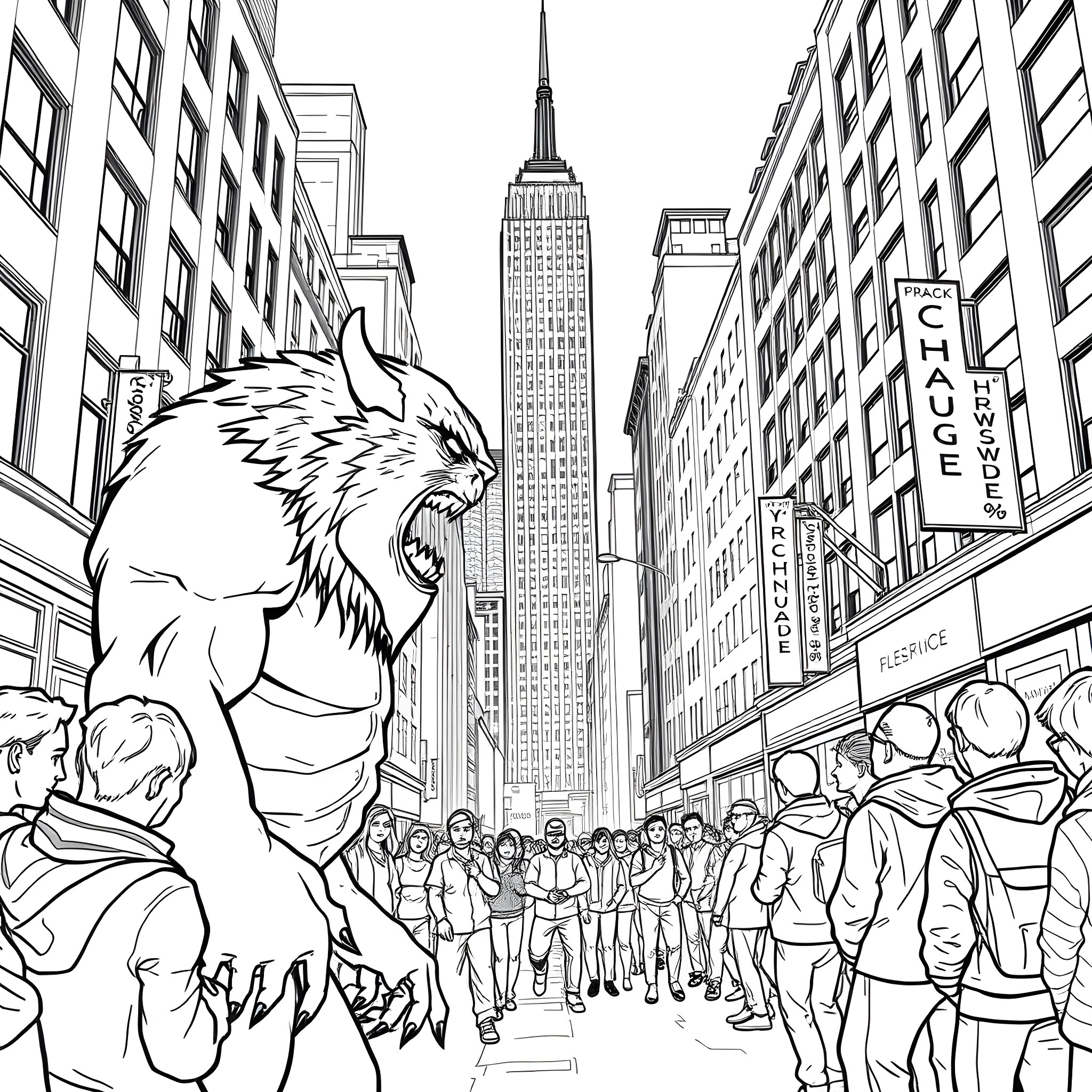 Mr Beast Giant Monster Rampaging Through New York City Coloring Page (free black-and-white line drawing printable PDF for all, from beginners to advanced learners, including children, teens, adults, and seniors)