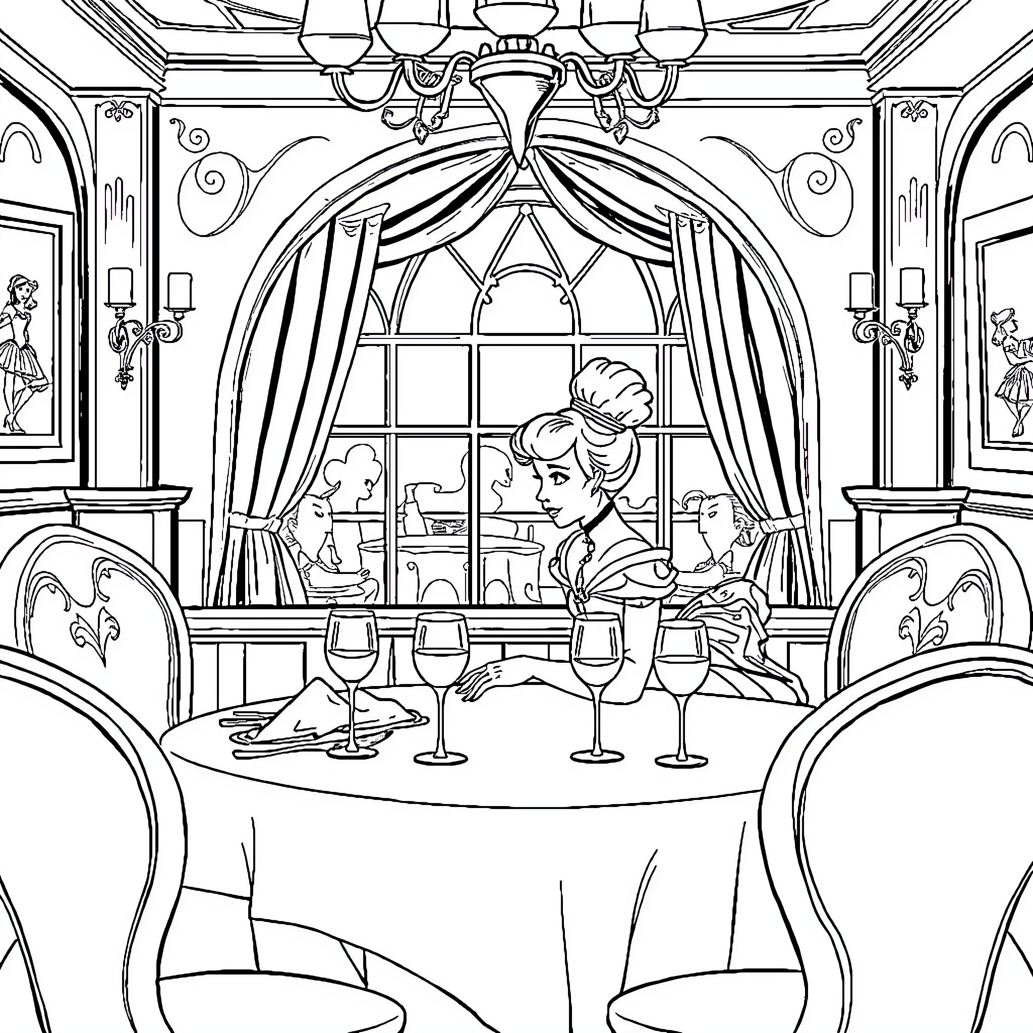 Cinderella's Elegant Evening Dining with Prince Charming Coloring Page (free black-and-white line drawing printable PDF for all, from beginners to advanced learners, including children, teens, adults, and seniors)