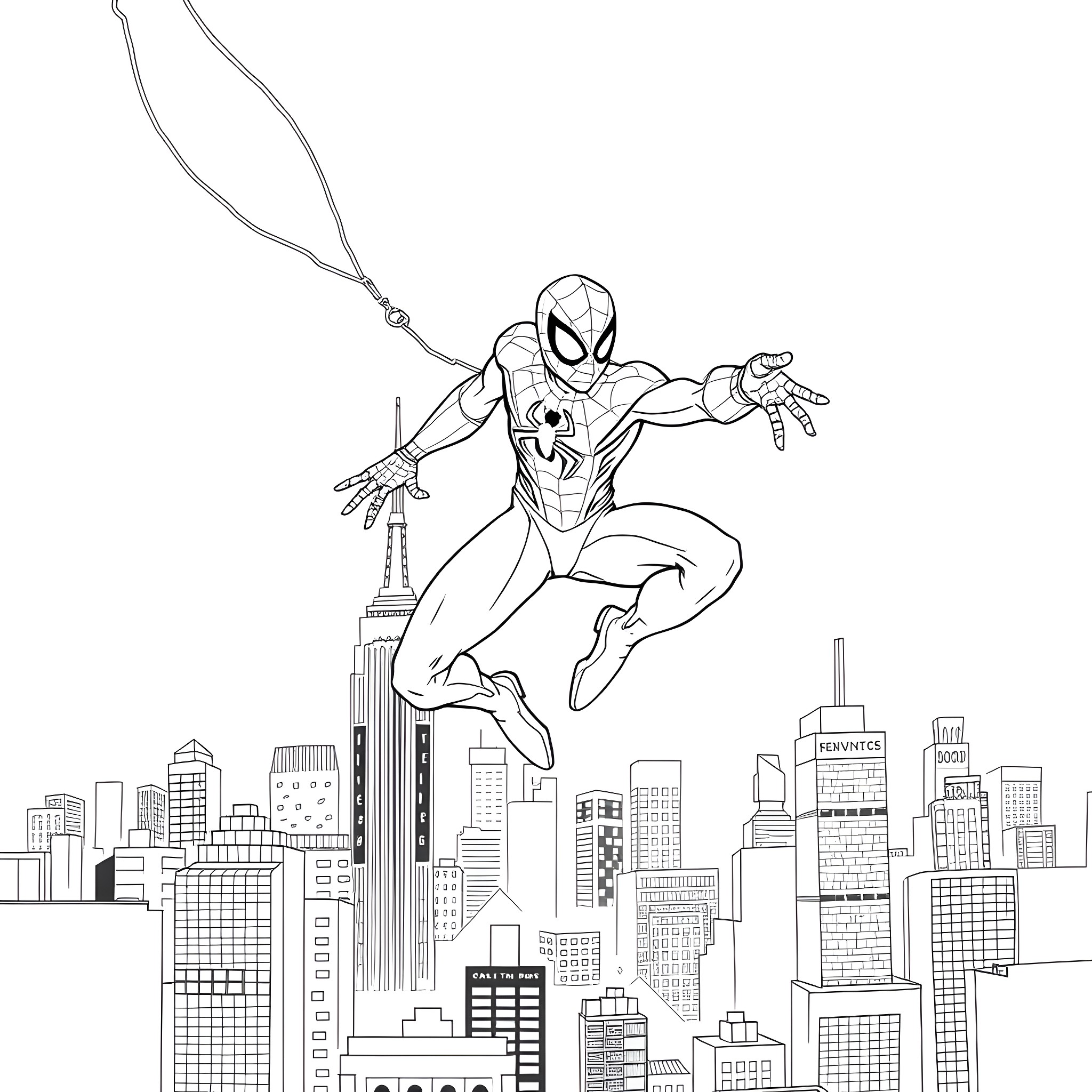 Spiderman swinging over the city skyline Coloring Page (free black-and-white line drawing printable PDF for all, from beginners to advanced learners, including children, teens, adults, and seniors)