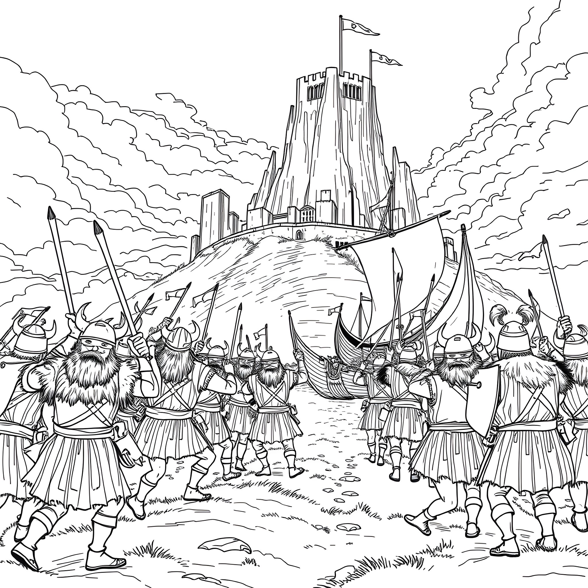 Viking warriors marching toward a towering fortress Coloring Page (free black-and-white line drawing printable PDF for all, from beginners to advanced learners, including children, teens, adults, and seniors)