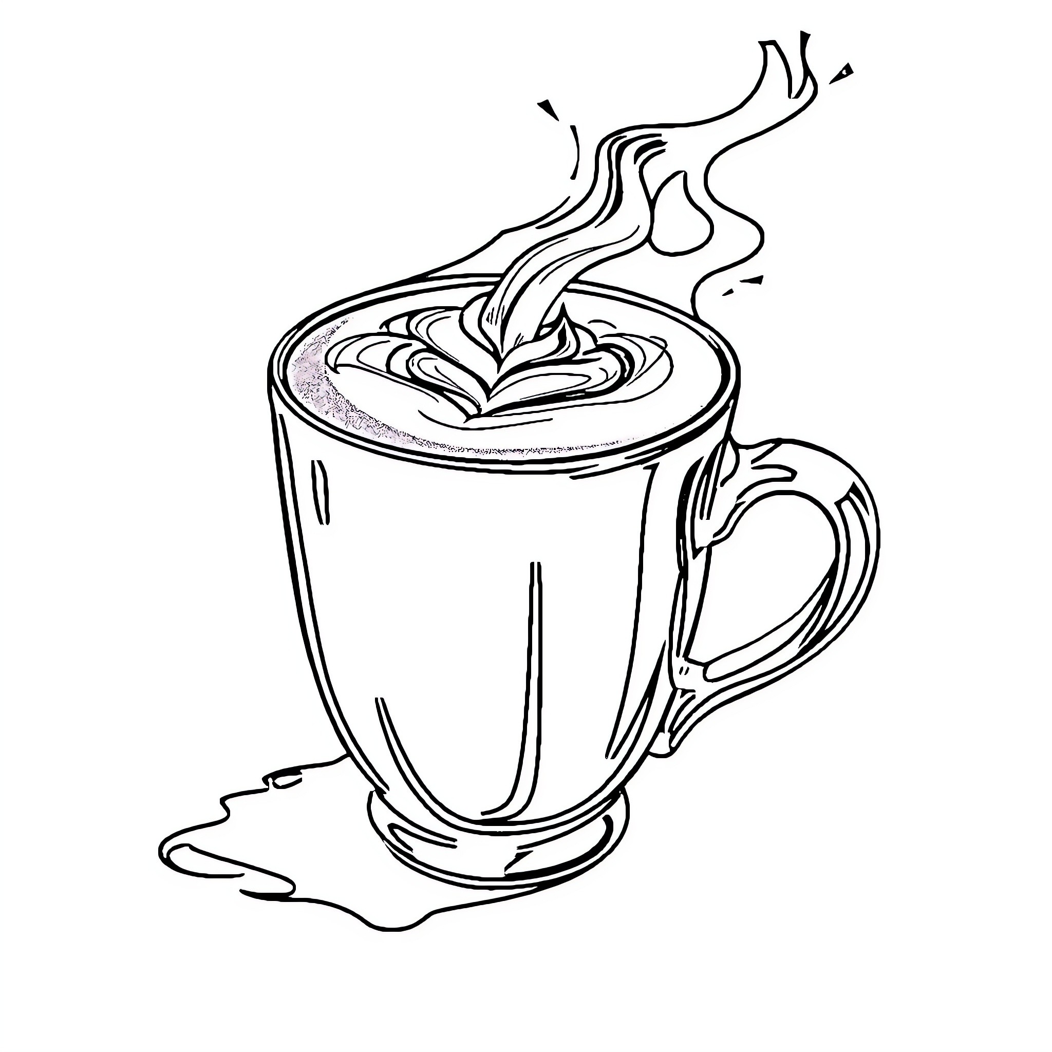 Cappuccino with Flowing Steam and Froth Coloring Page (free black-and-white line drawing printable PDF for all, from beginners to advanced learners, including children, teens, adults, and seniors)