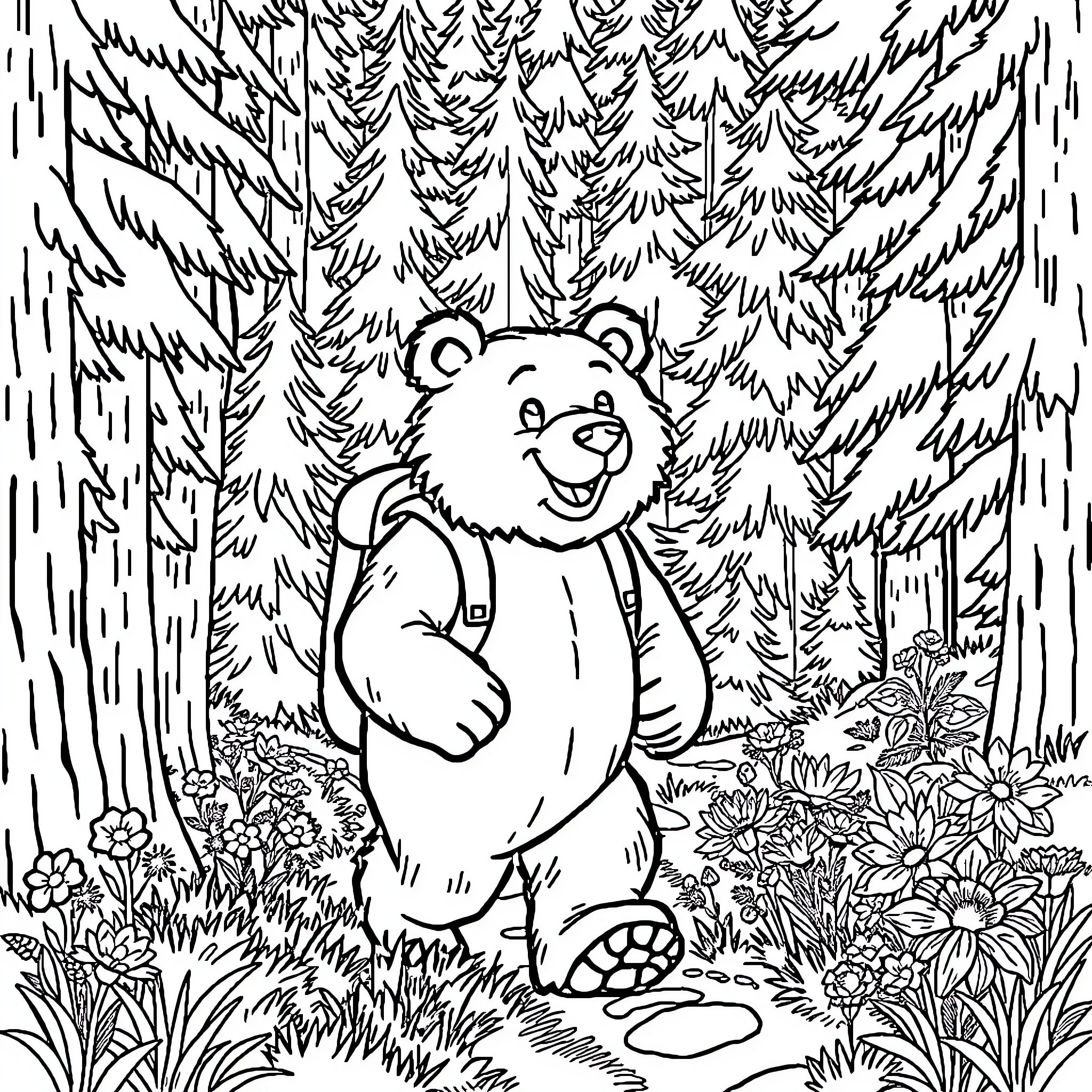 Smokey Bear exploring a forest landscape Coloring Page (free black-and-white line drawing printable PDF for all, from beginners to advanced learners, including children, teens, adults, and seniors)