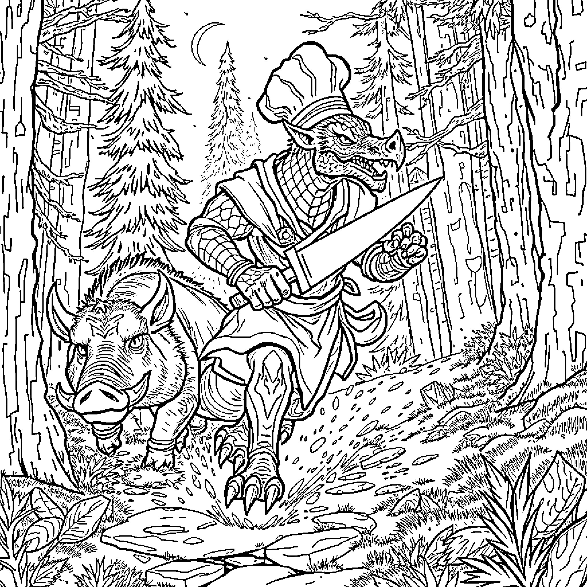 Warlock exploring the enchanted forest with a companion Coloring Page (free black-and-white line drawing printable PDF for all, from beginners to advanced learners, including children, teens, adults, and seniors)