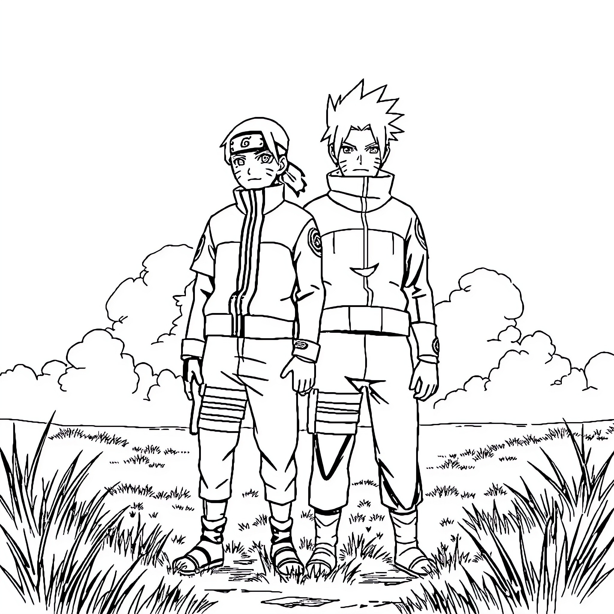 Naruto and Sasuke - Ninja Rivals in Action Coloring Page (free black-and-white line drawing printable PDF for all, from beginners to advanced learners, including children, teens, adults, and seniors)