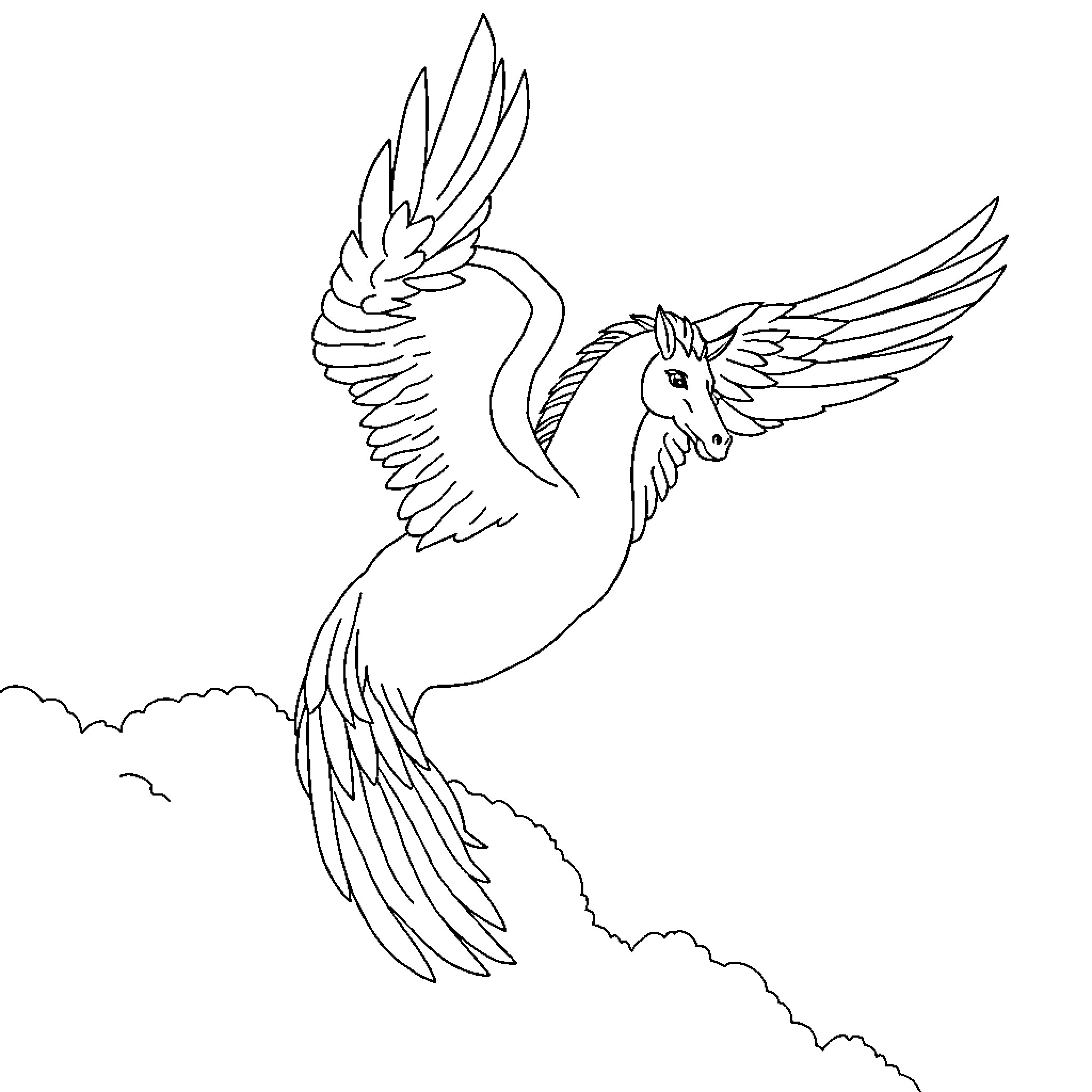 Pegasus soaring through the skies Coloring Page (free black-and-white line drawing printable PDF for all, from beginners to advanced learners, including children, teens, adults, and seniors)