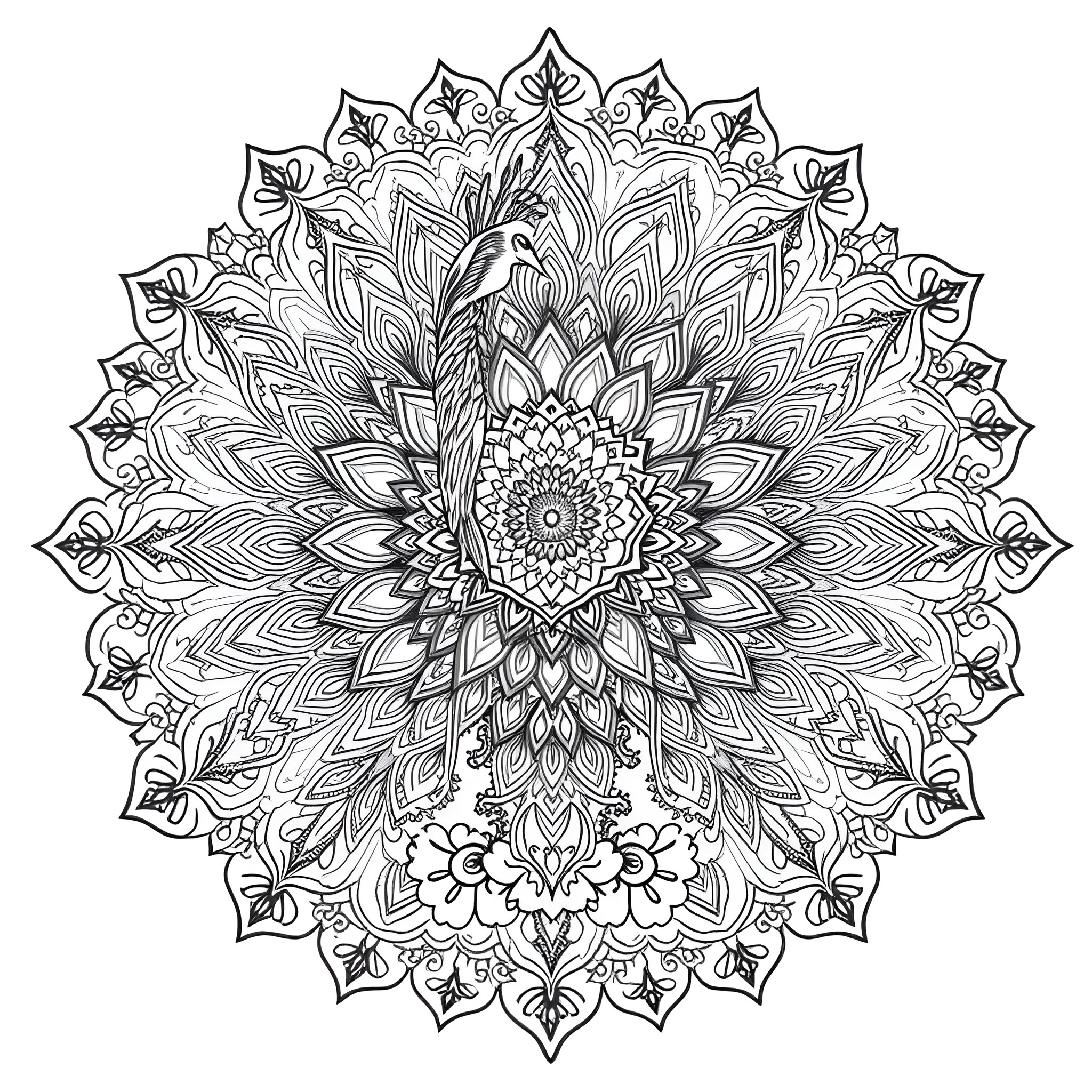 Peacock Mandala with Intricate Floral Patterns Coloring Page (free black-and-white line drawing printable PDF for all, from beginners to advanced learners, including children, teens, adults, and seniors)