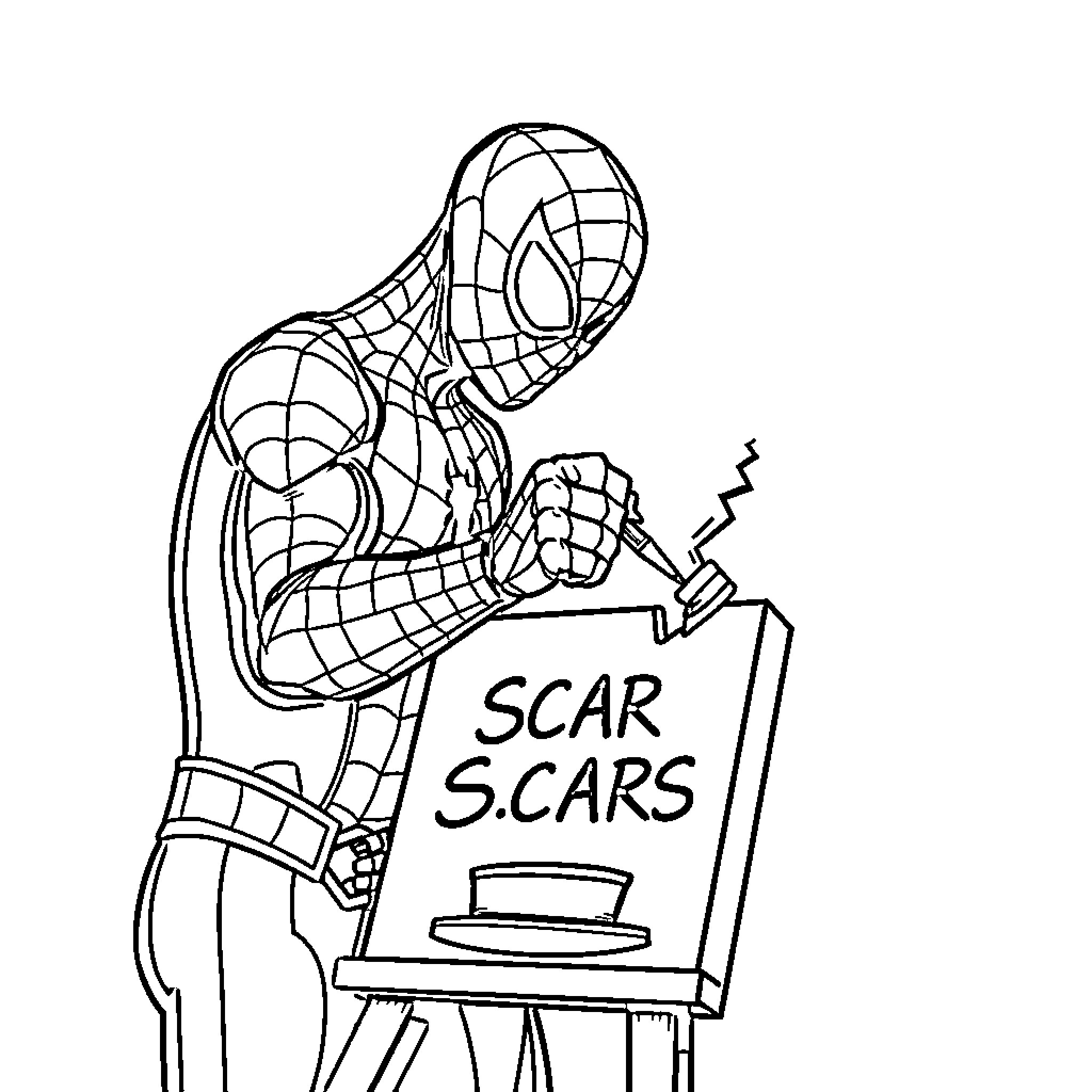 Spiderman drawing Scar S.Cars on canvas Coloring Page (free black-and-white line drawing printable PDF for all, from beginners to advanced learners, including children, teens, adults, and seniors)