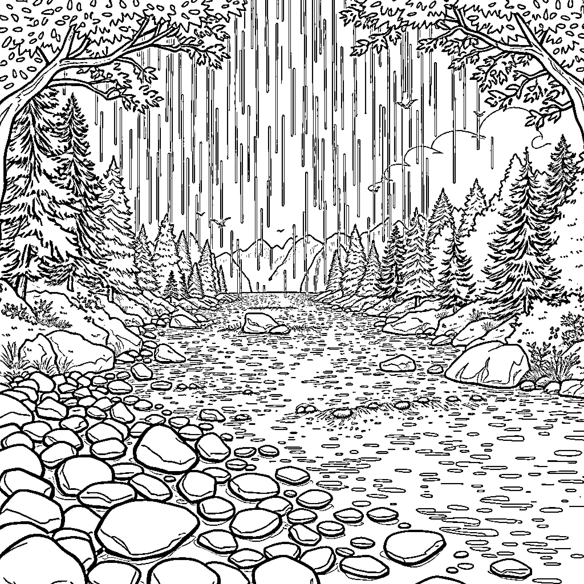 Rain falls over forest stream landscape Coloring Page (free black-and-white line drawing printable PDF for all, from beginners to advanced learners, including children, teens, adults, and seniors)