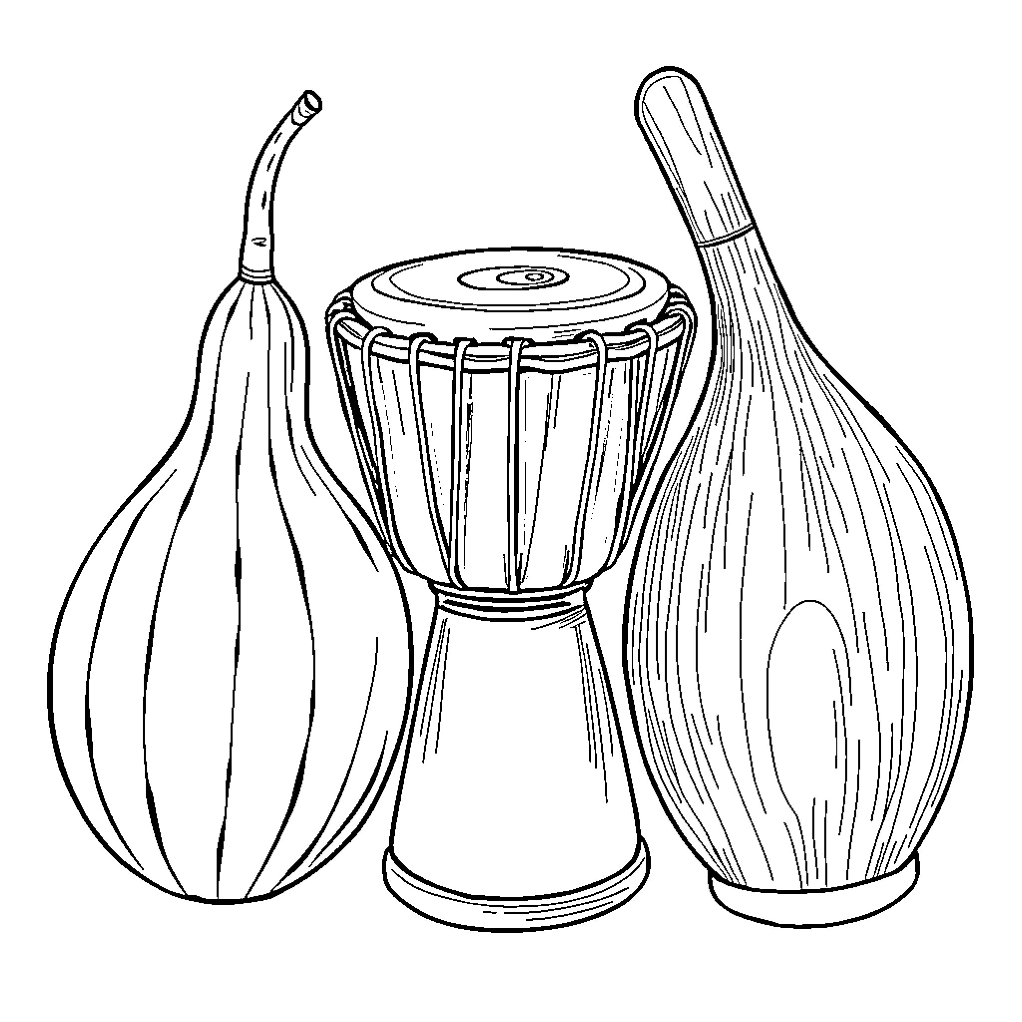 Musical Instrument Ensemble with Drum and Mallets Coloring Page (free black-and-white line drawing printable PDF for all, from beginners to advanced learners, including children, teens, adults, and seniors)