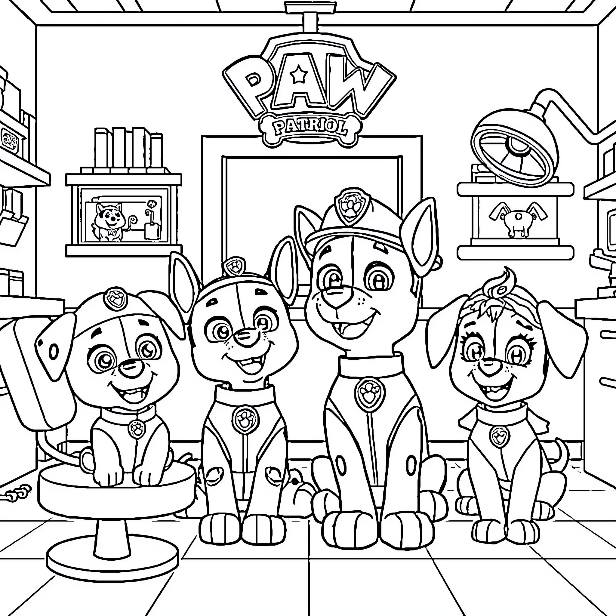 Paw Patrol Characters in an Animated Scene Coloring Page (free black-and-white line drawing printable PDF for all, from beginners to advanced learners, including children, teens, adults, and seniors)