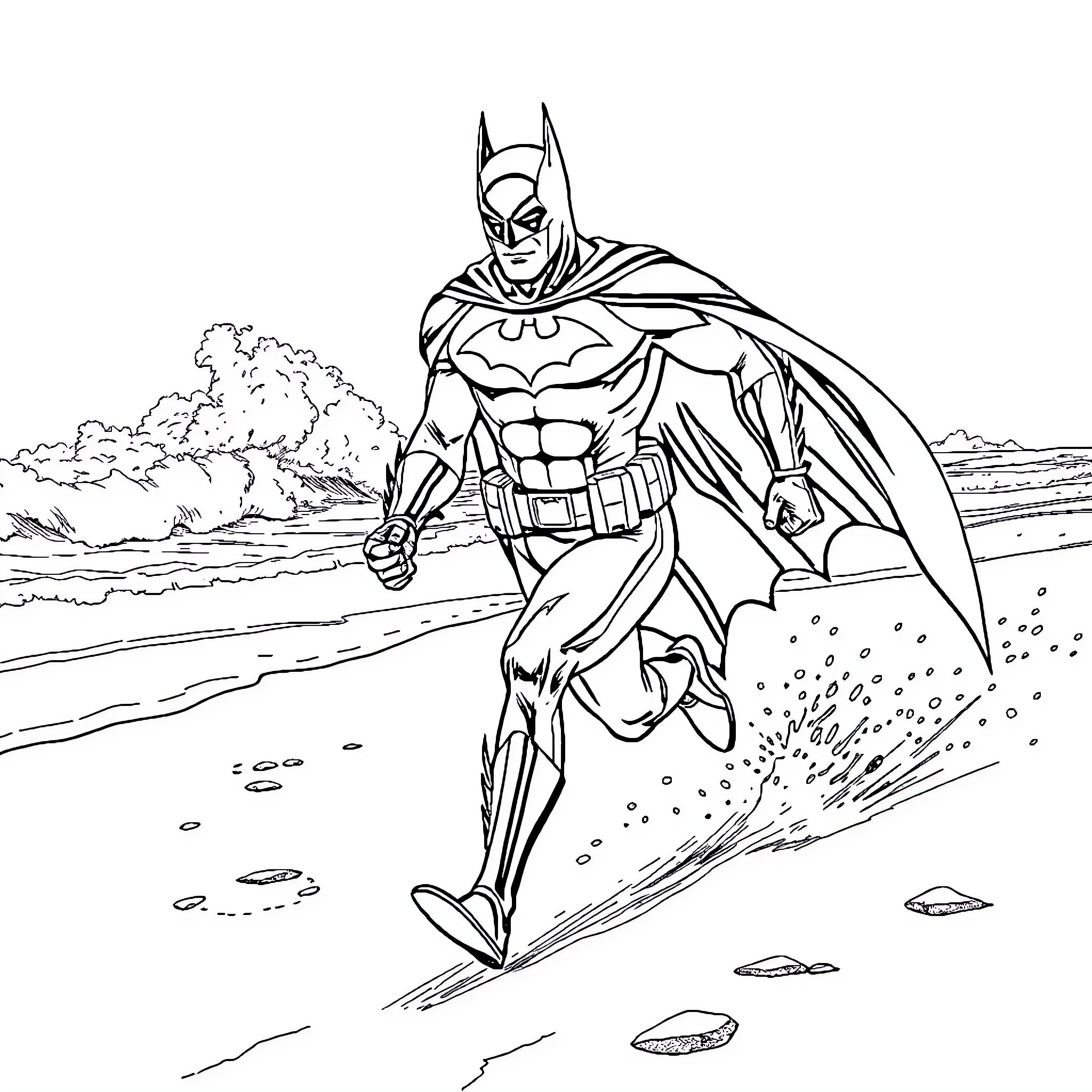 Batman heroically running on the beach Coloring Page (free black-and-white line drawing printable PDF for all, from beginners to advanced learners, including children, teens, adults, and seniors)