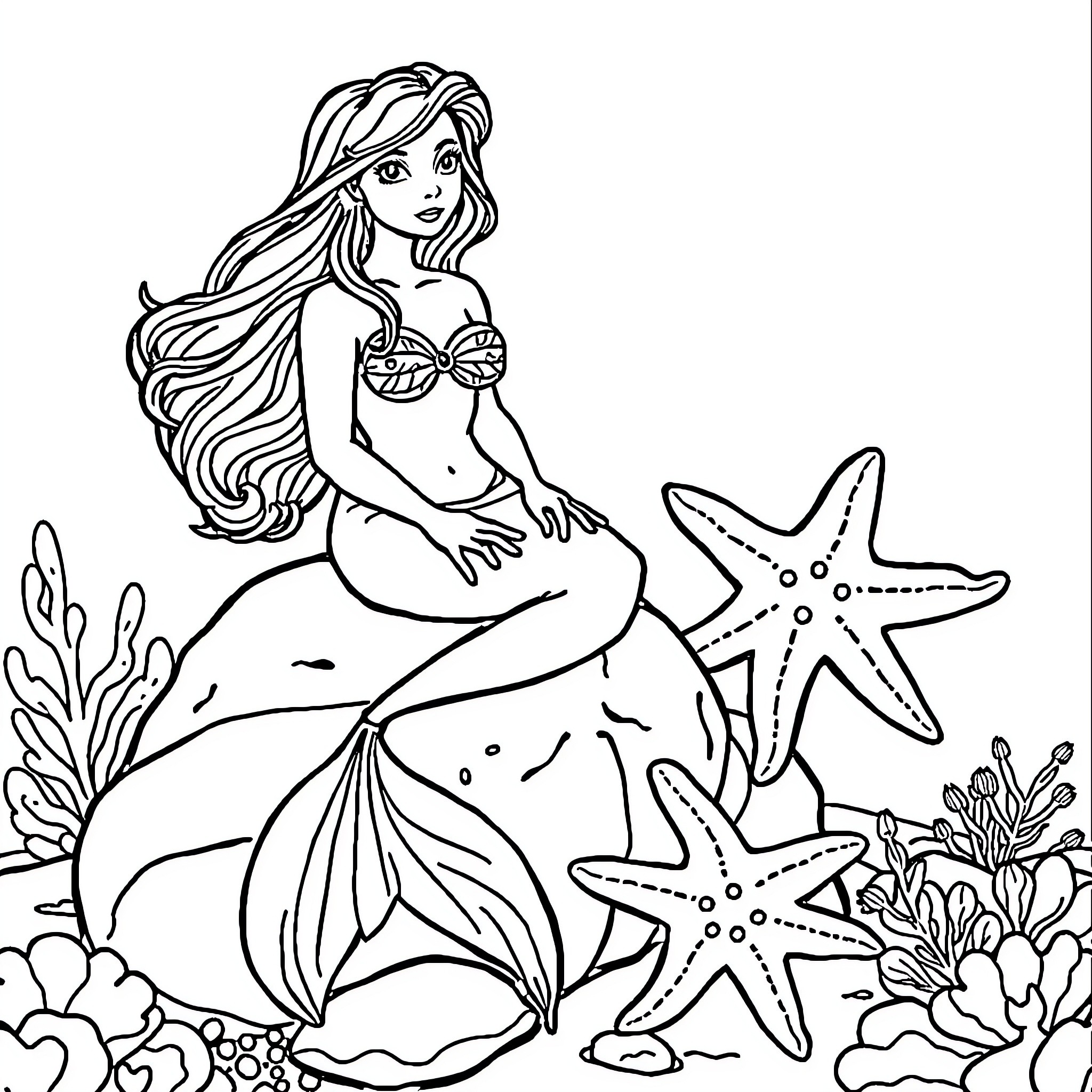 Mermaid enjoying the underwater seascape Coloring Page (free black-and-white line drawing printable PDF for all, from beginners to advanced learners, including children, teens, adults, and seniors)