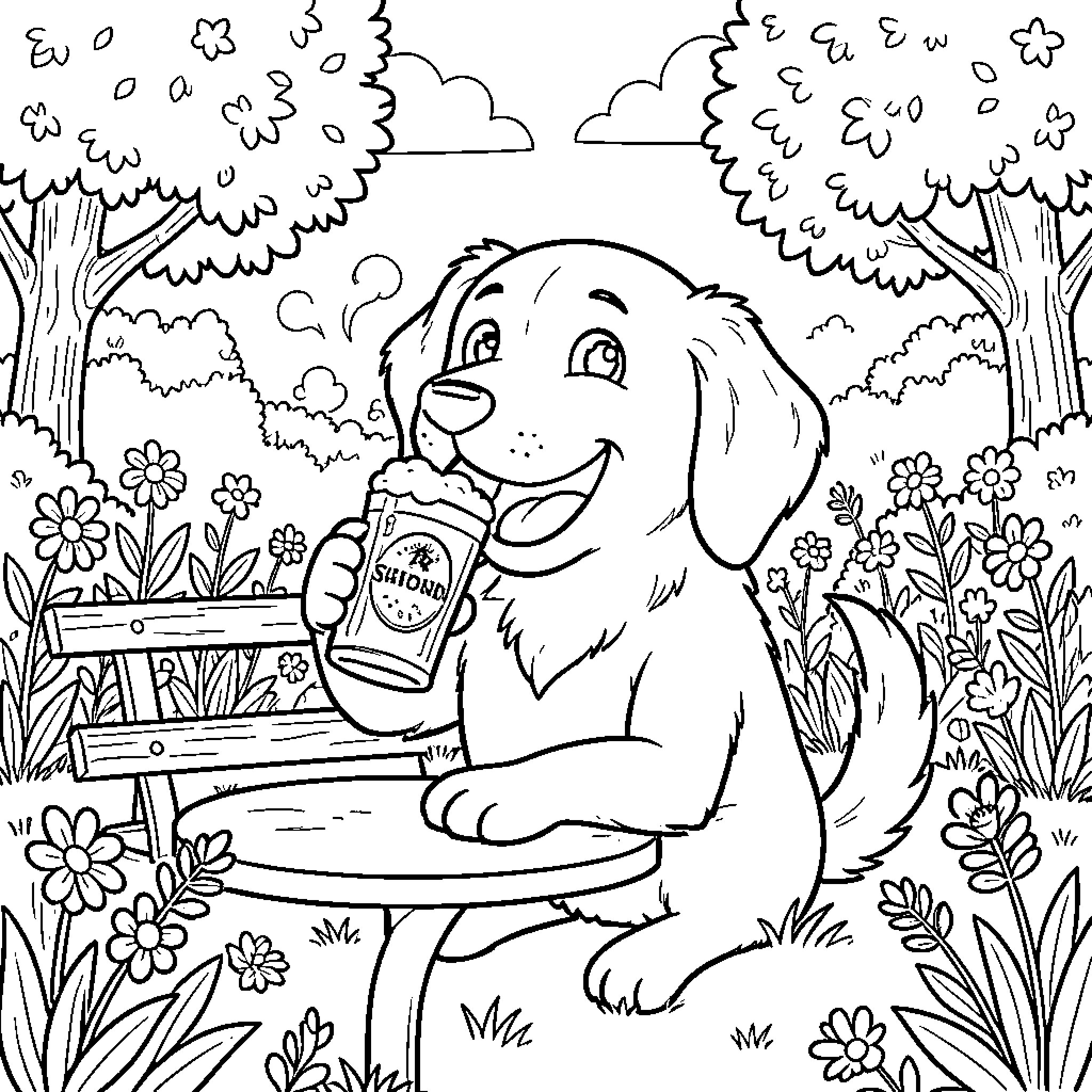 Dog sitting on a bench enjoying a cold drink Coloring Page (free black-and-white line drawing printable PDF for all, from beginners to advanced learners, including children, teens, adults, and seniors)