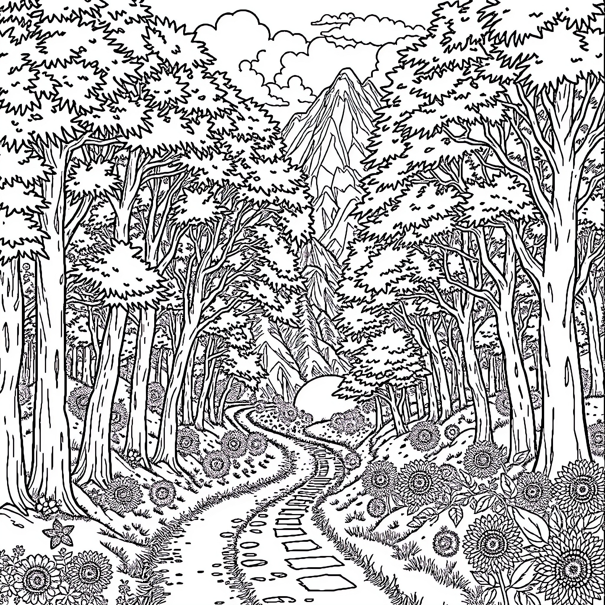 Valley of Enchanting Nature's Tapestry Coloring Page (free black-and-white line drawing printable PDF for all, from beginners to advanced learners, including children, teens, adults, and seniors)