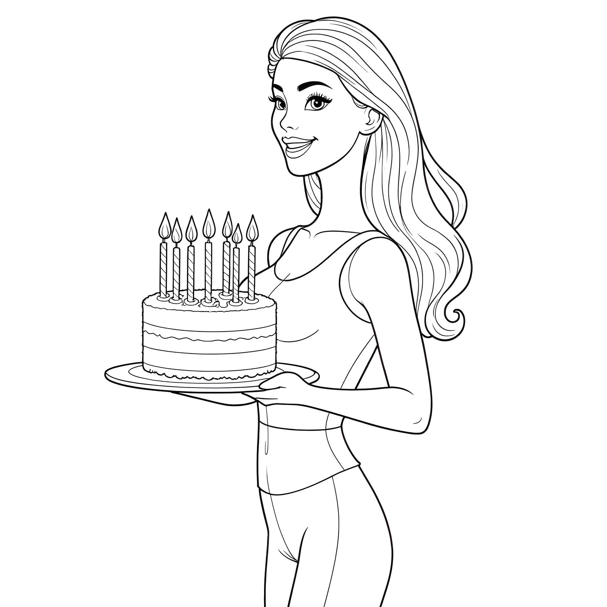 Barbie Celebrates with Birthday Cake Coloring Page (free black-and-white line drawing printable PDF for all, from beginners to advanced learners, including children, teens, adults, and seniors)